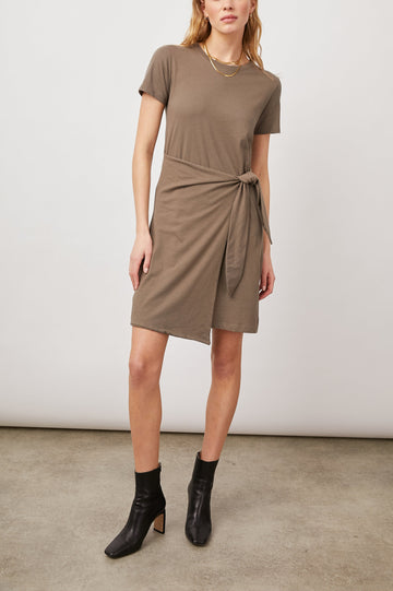 Edie Above-Knee Dress with Short Sleeves, Crew Neckline and Adjustable Wrap Tie At Waist in Canteen Colorway - Front Full Body View Featured on Model