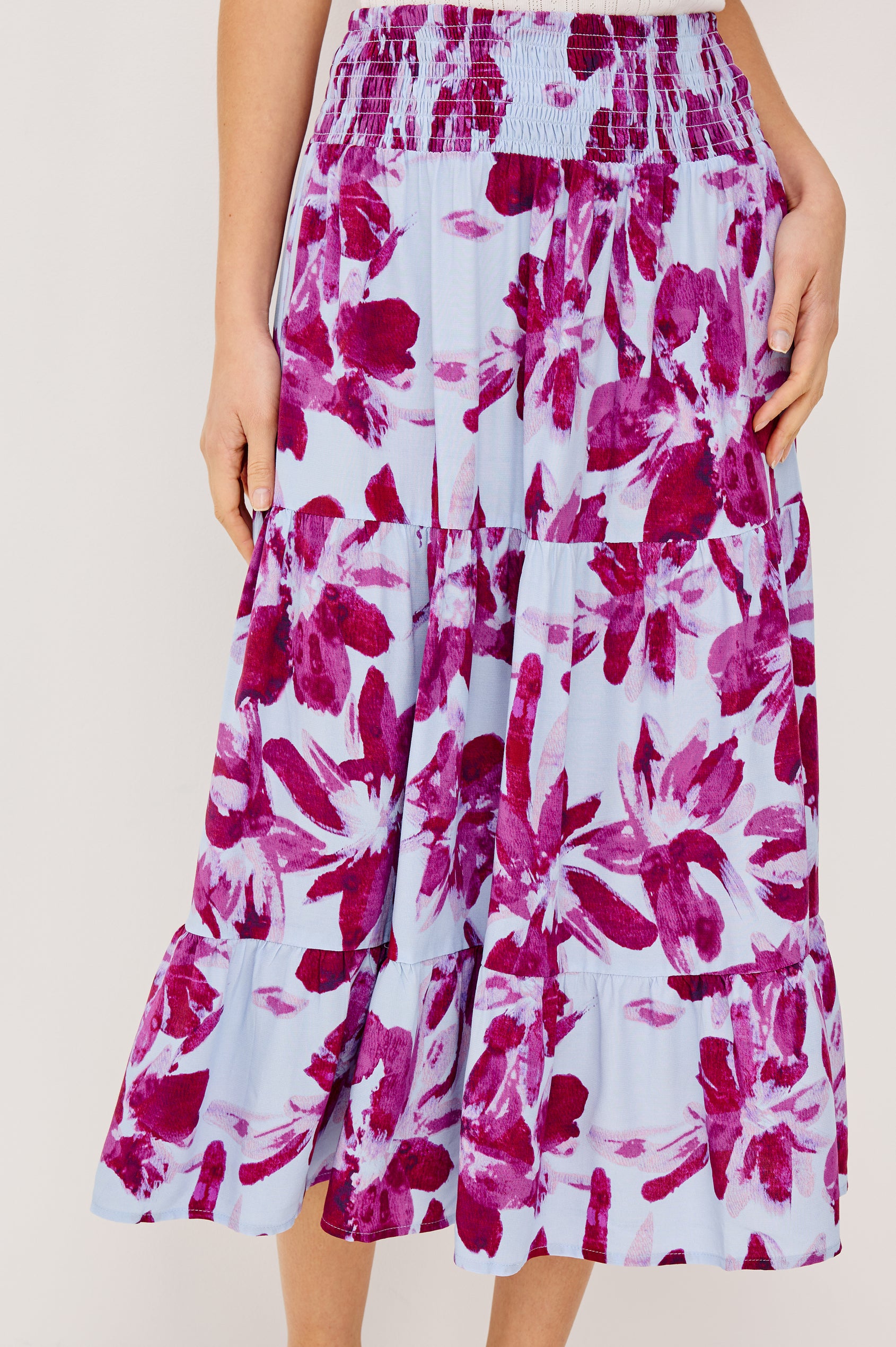 Edina Tiered Midi Skirt with Shirred High-Rise Waistline in Blue Lily Colorway, Blues and White - Front View Featured on Model