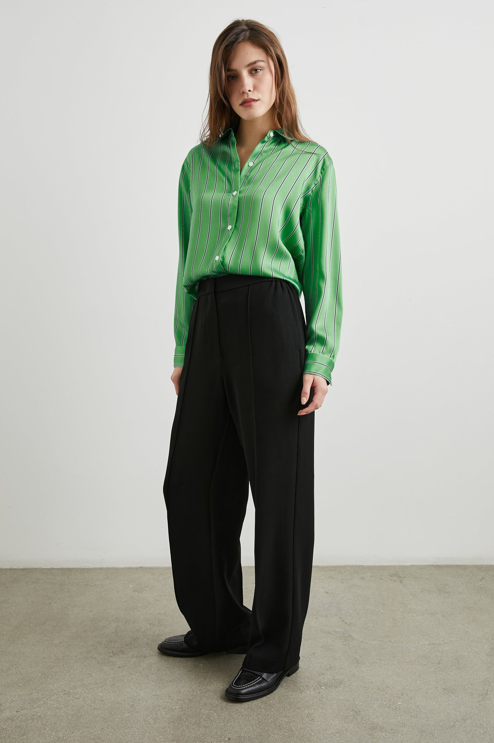 Elias Long Sleeve Button Up in Basil Stripe Colorway, White and Black Vertical Stripes on Basil - Front Full Body View Featured on Model