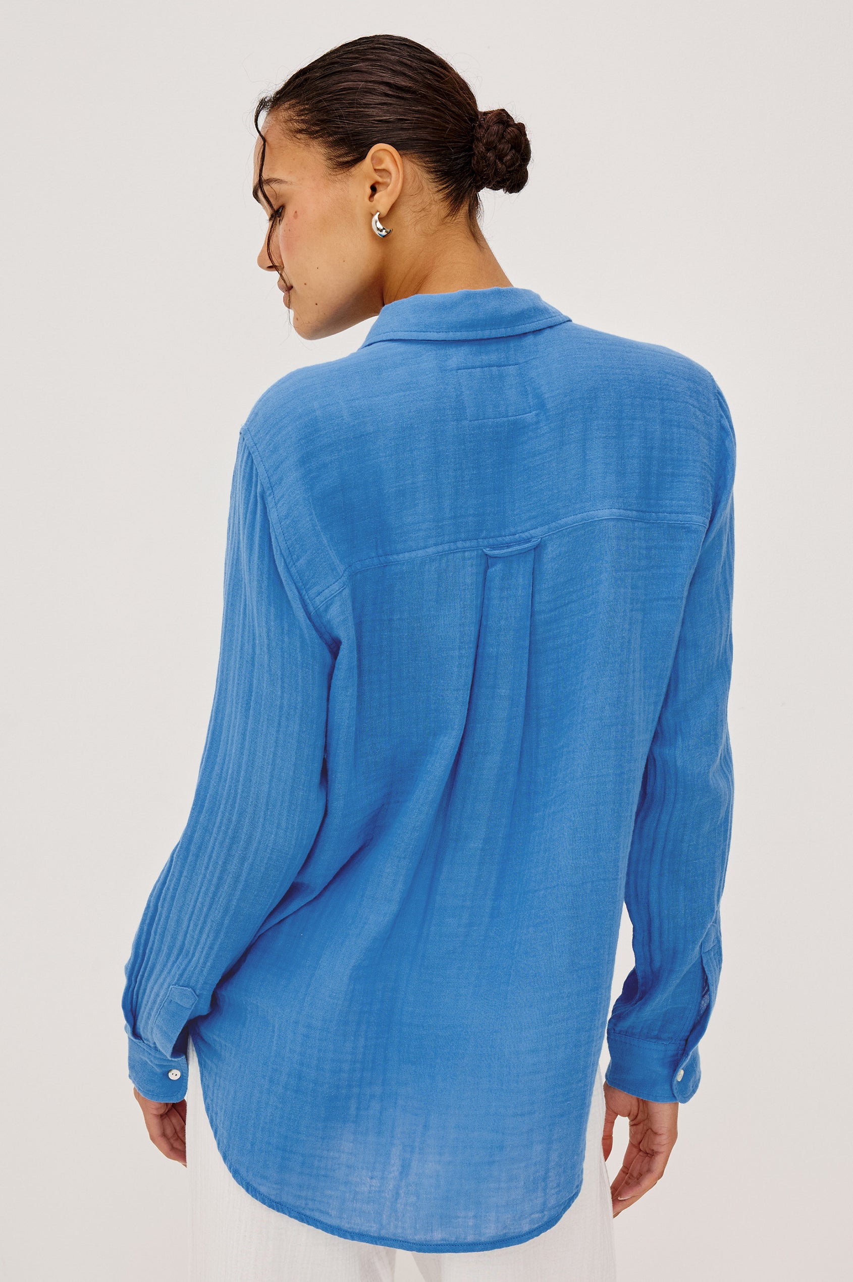 Ellis Button-Up Shirt in Organic Cotton Gauze With Relaxed Fit, Chest Patch Pocket, and Long Sleeves in French Blue Colorway - Upper Body Back View Featured on Model
