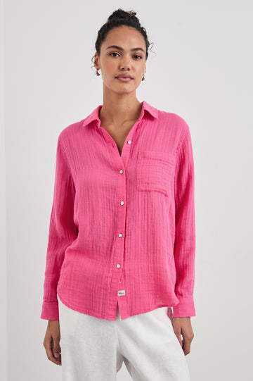 Ellis Long-Sleeve Button Down with Cuffs and a Patch Chest Pocket in Hibiscus Colorway - Front Untucked View Featured on Model