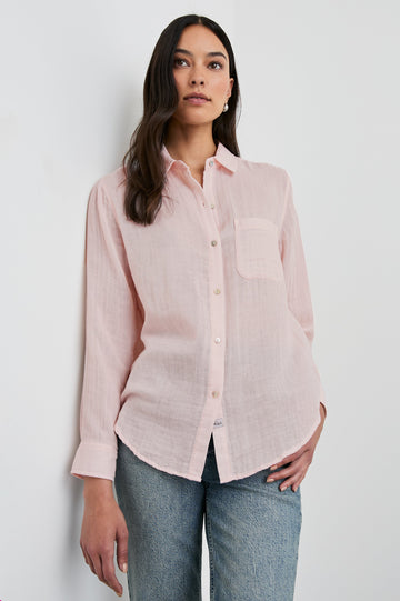 Ellis Long-Sleeve Button Down with Cuffs and a Patch Chest Pocket in Petal Colorway - Front Untucked View Featured on Model