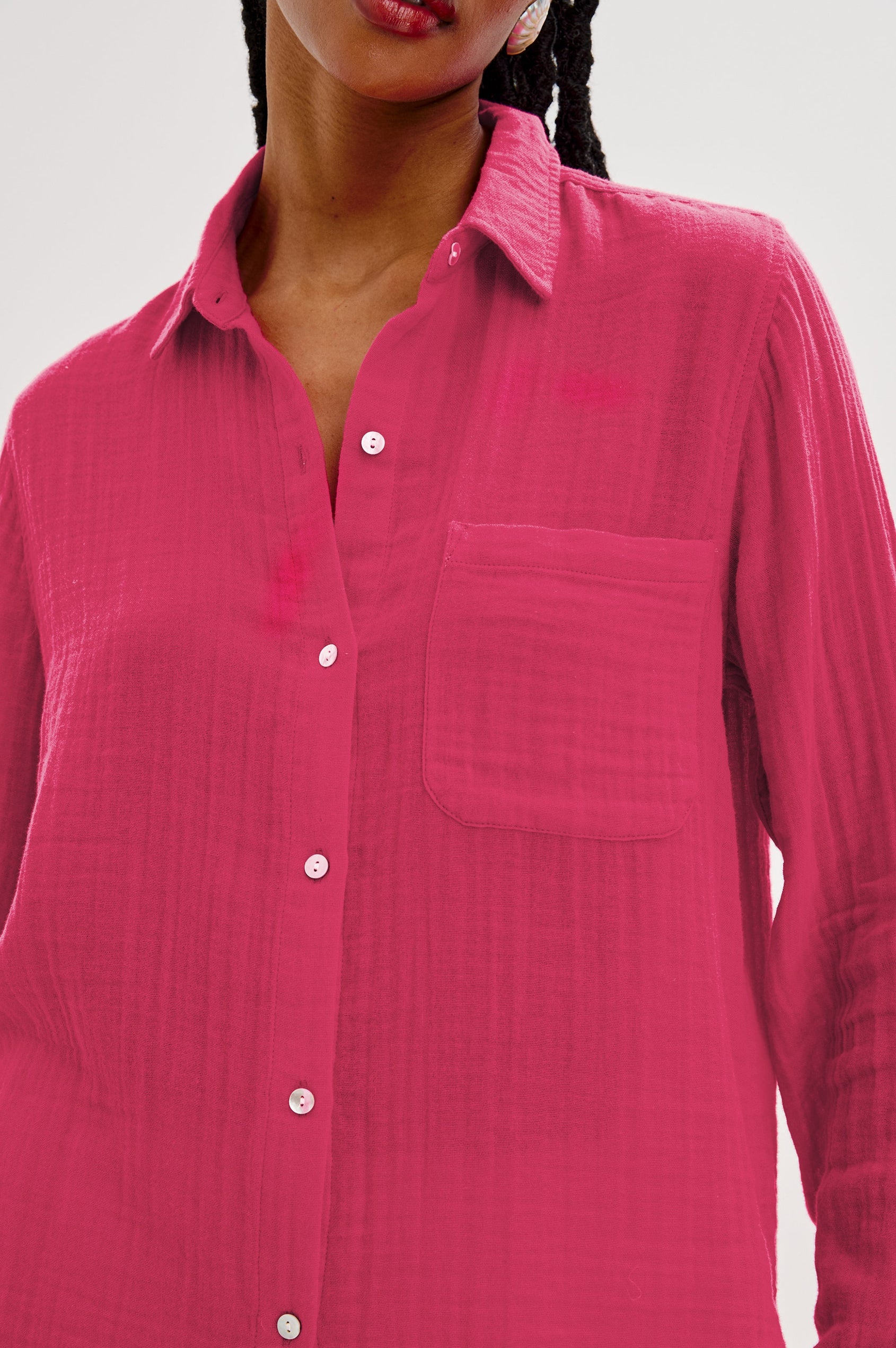 Ellis Relaxed Collared Button Front Shirt with Long Sleeves and a Chest Pocket in Raspberry Colorway. Front Detail View Shown on Model.