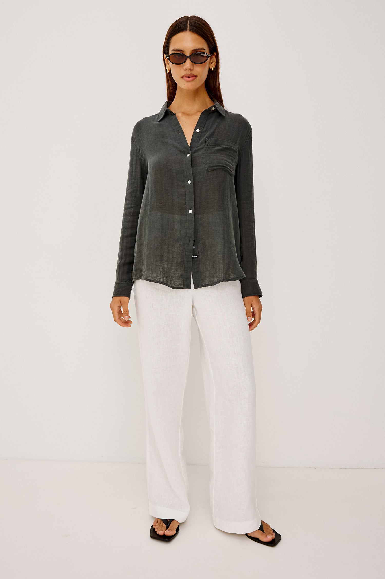 Ellis Button-Up Shirt in Cotton Gauze With Relaxed Fit, Chest Patch Pocket, and Long Sleeves in Washed Black Colorway - Full Body Front View Featured on Model
