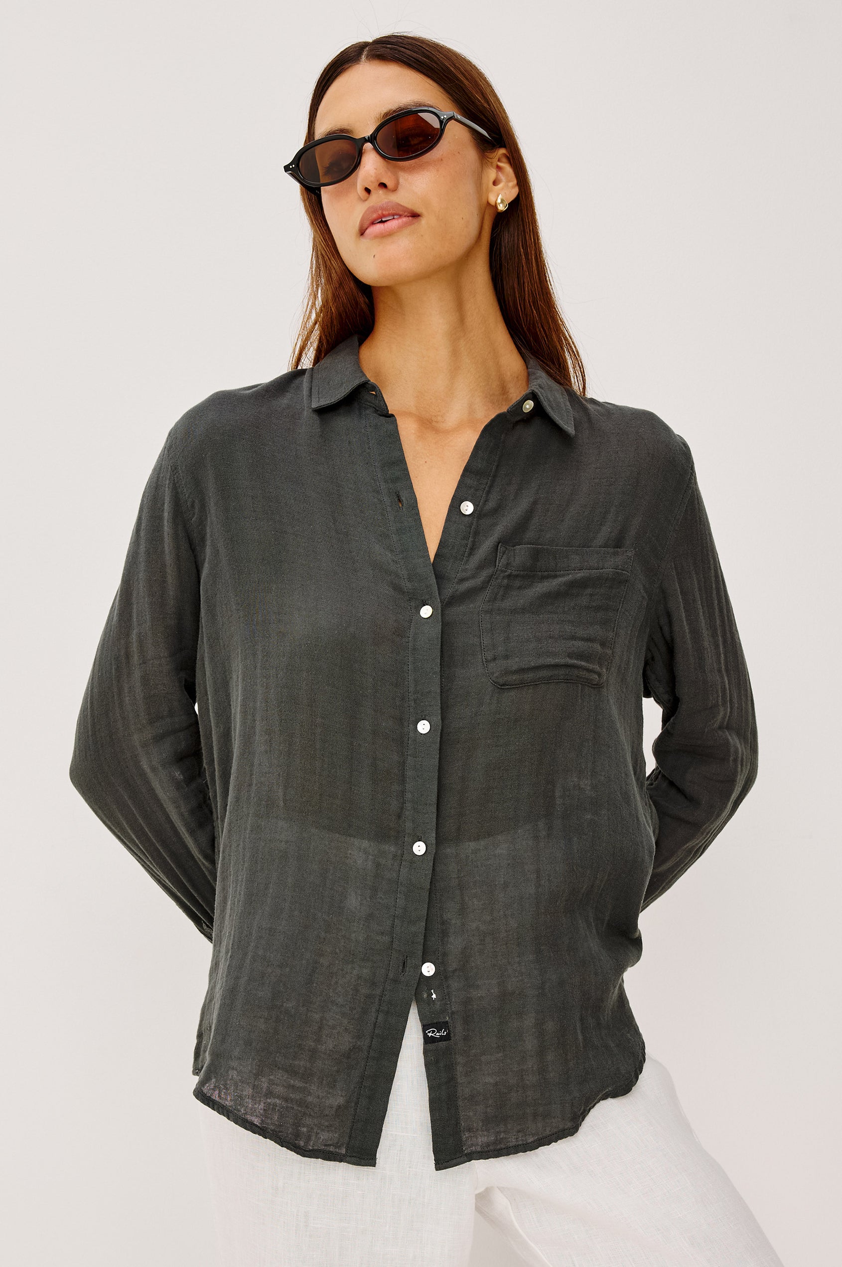 Ellis Button-Up Shirt in Cotton Gauze With Relaxed Fit, Chest Patch Pocket, and Long Sleeves in Washed Black Colorway - Upper Body Front View Featured on Model