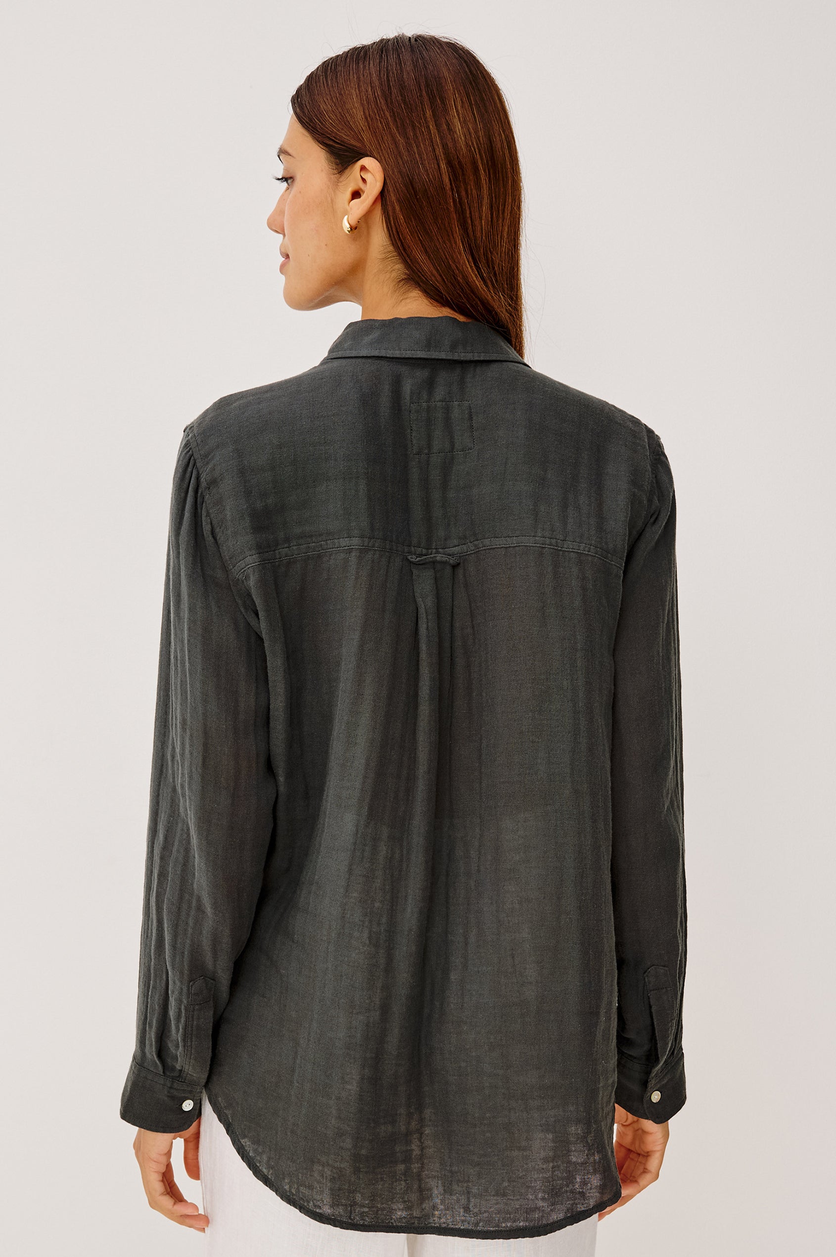 Ellis Button-Up Shirt in Cotton Gauze With Relaxed Fit, Chest Patch Pocket, and Long Sleeves in Washed Black Colorway - Upper Body Back View Featured on Model