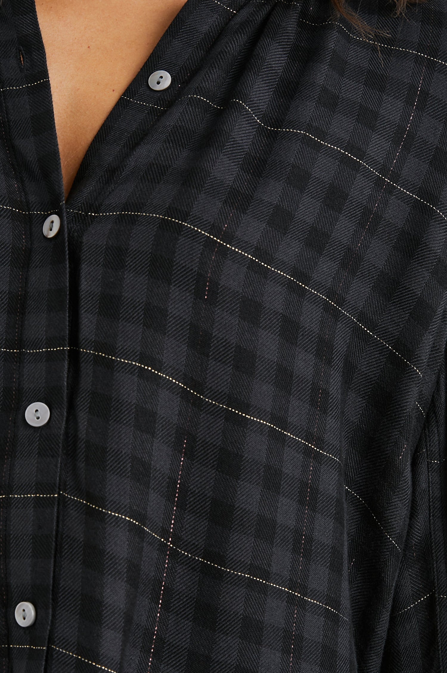 Eloise Long-Sleeve Button Up with an Open Collar in Onyx Lurex Colorway, a plaid - Front View Featured on Model