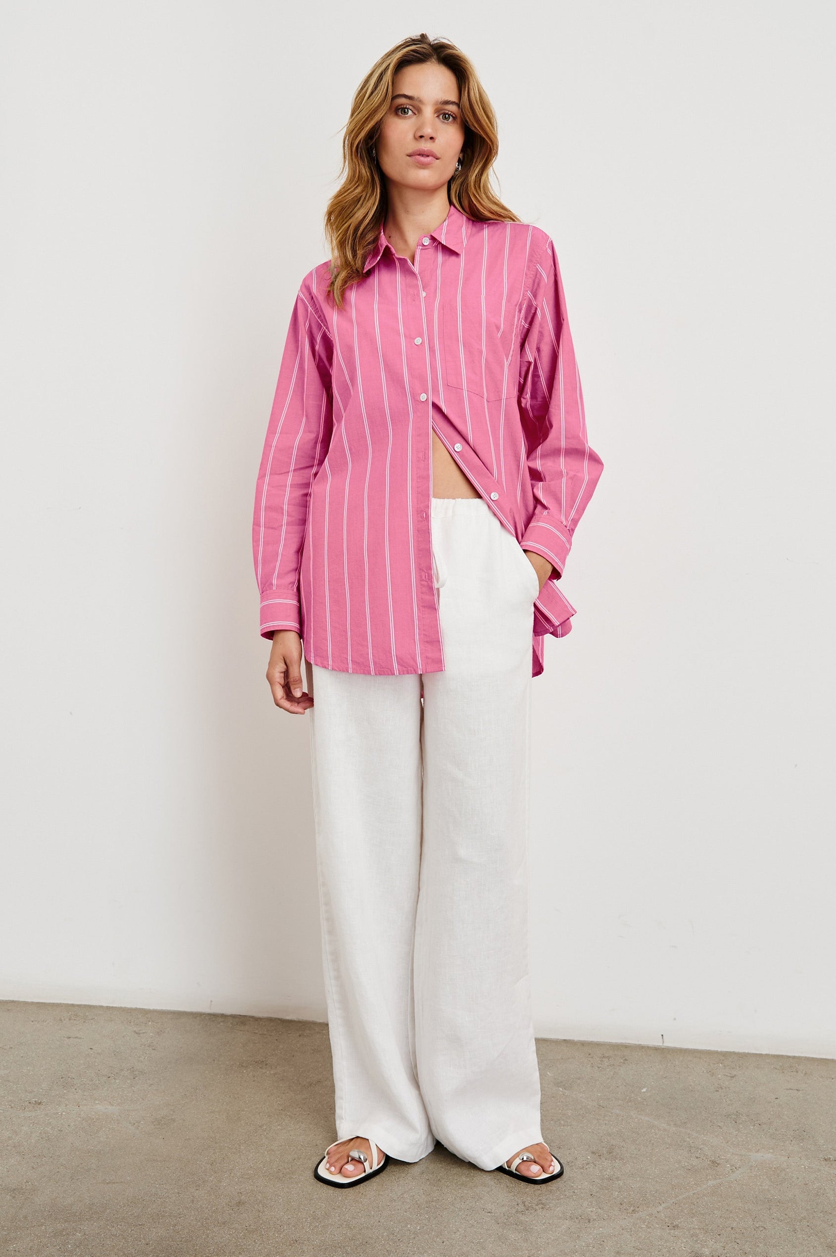 Elsa Oversized Long Sleeve Button Down Shirt With Collar And Cuffs In Colorway Hibiscus White Stripe - Full Front Body View Featured On Model