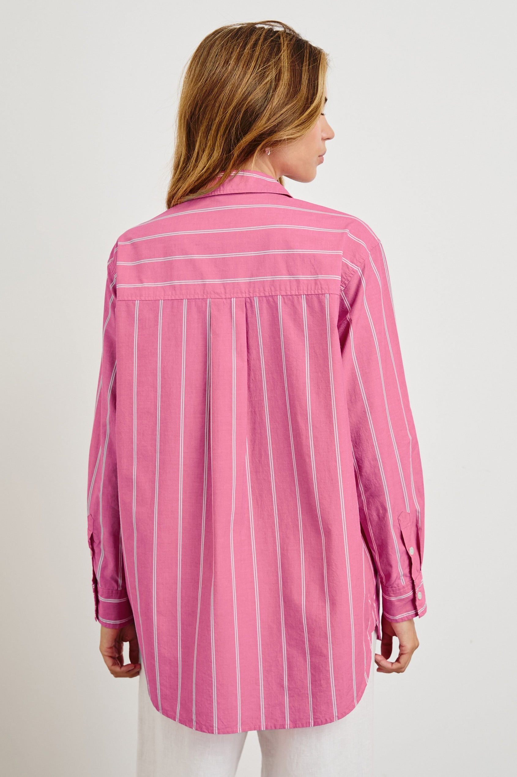 Elsa Oversized Long Sleeve Button Down Shirt With Collar And Cuffs In Colorway Hibiscus White Stripe - Back View Featured On Model