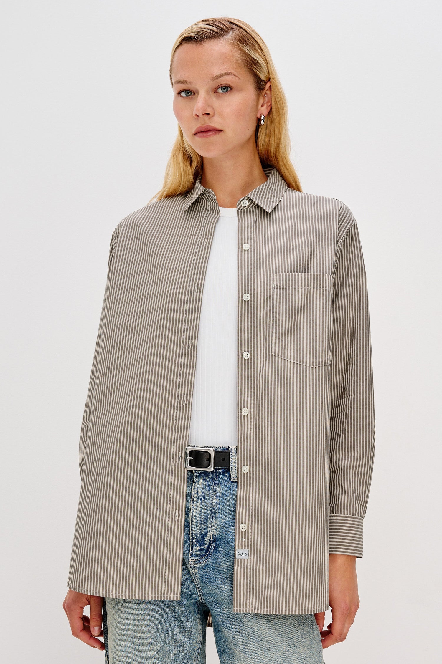 Elsa Oversized Long Sleeve Button Down Shirt With Collar And Cuffs In Noir Stripe Colorway - Front View Featured on Model, Unbuttoned with White Tee Underneath