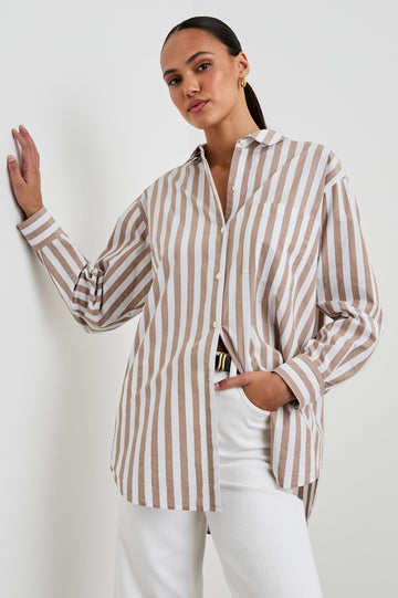 Elsa Long-Sleeve Button Down Shirt with Chest Patch Pocket in Russet White Stripe Colorway, Vertical Stripes - Front View Featured on Model