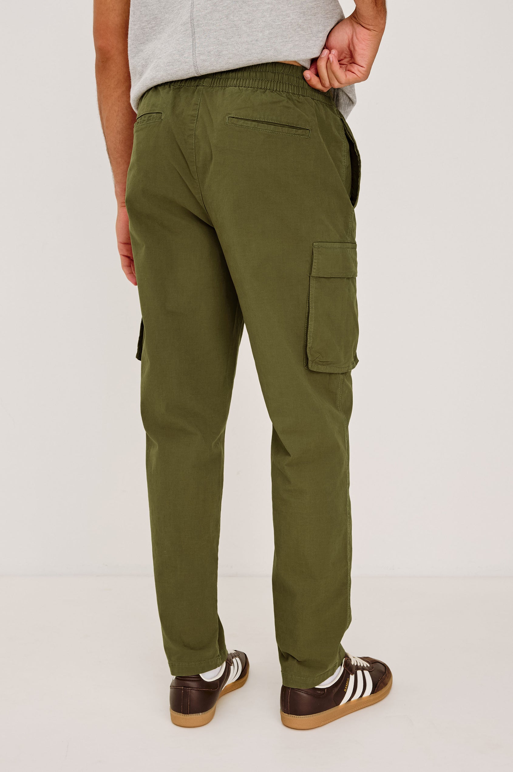 Emmerson Pant in Lightweight Cotton With Cargo Pockets and Drawstring Waist in Olive Colorway - Lower Body Back View Featured on Model