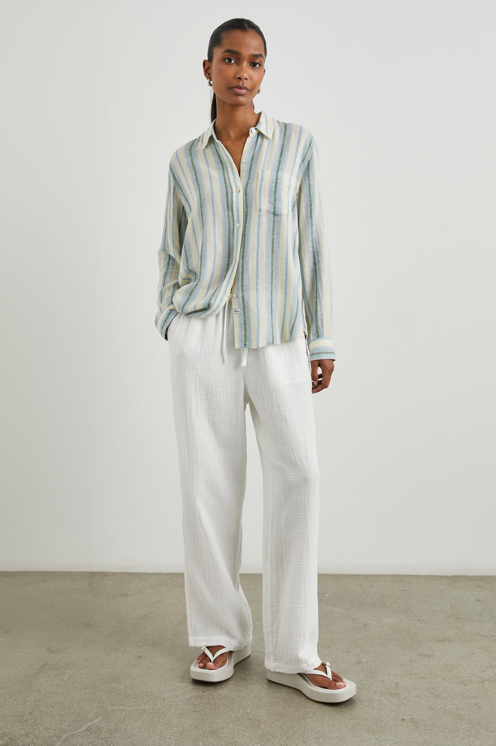Emmie Pants with a Drawstring Waist and Two Front Pockets in Gauze White Colorway - Front Full Body View Featured on Model