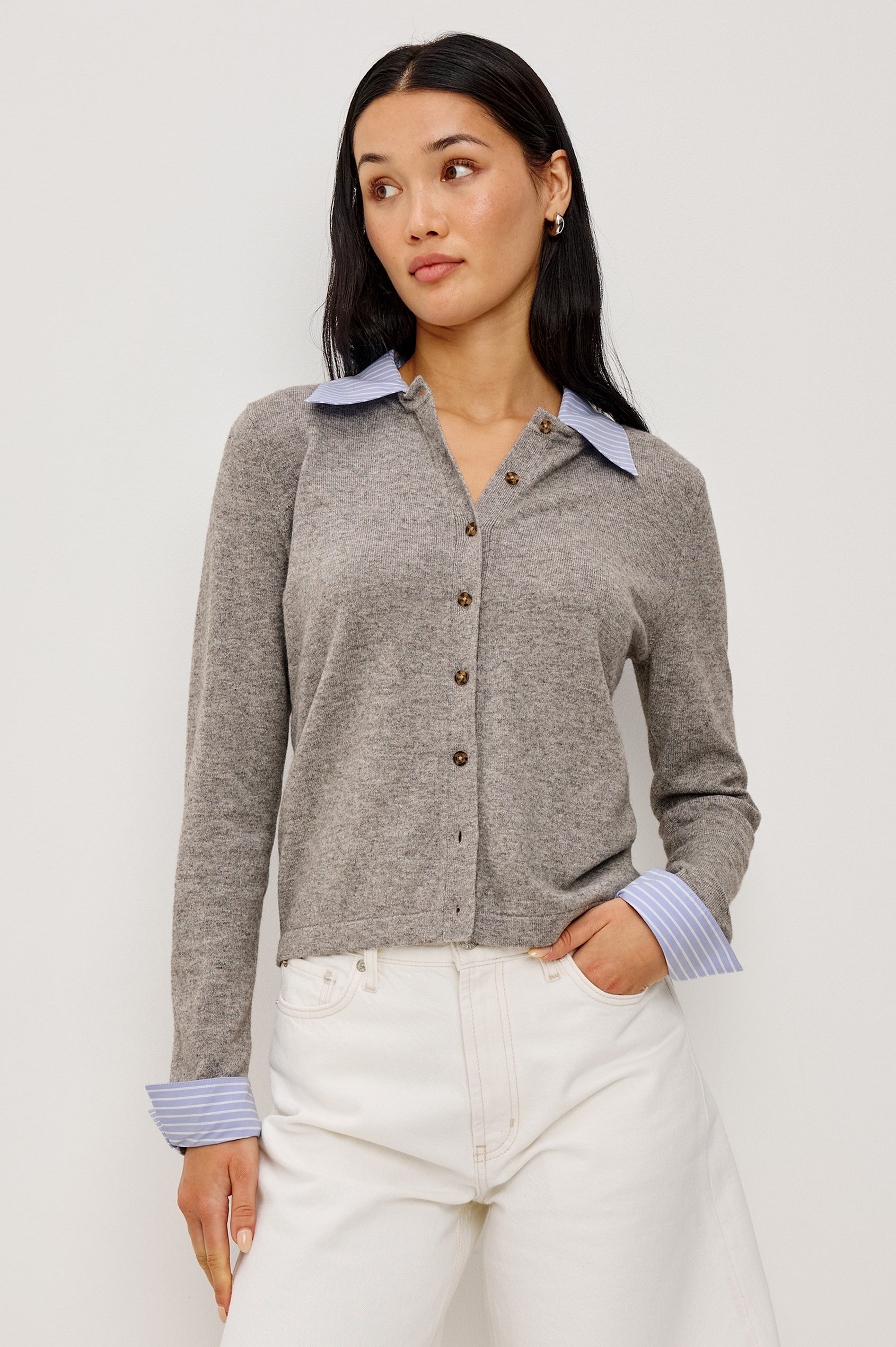 Eryn Cardigan With Removable Collar and Cuffs Front Buttons Relaxed Fit and Long Sleeves in Grey Poplin Mix Colorway - Upper Body Front View Featured on Model