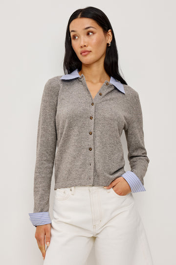 Eryn Cardigan With Removable Collar and Cuffs Front Buttons Relaxed Fit and Long Sleeves in Grey Poplin Mix Colorway - Upper Body Front View Featured on Model