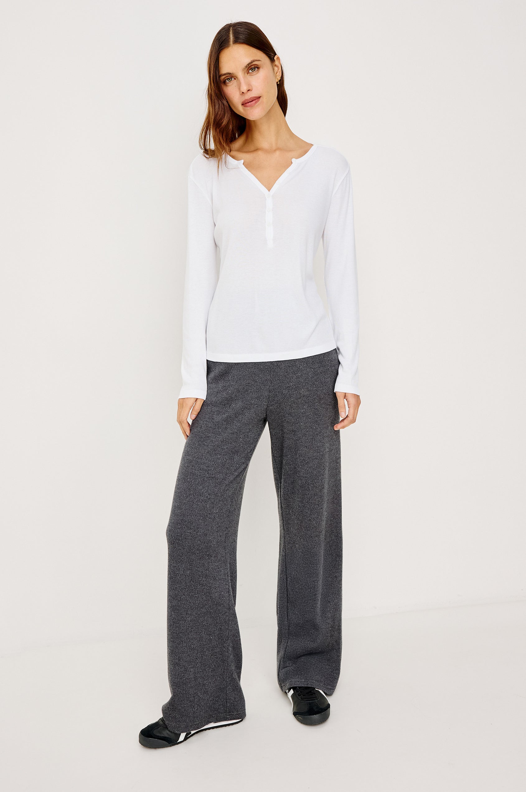 Essential Ribbed Henley With Front Placket and Long Sleeves in White Colorway - Full Body Front View Featured on Model