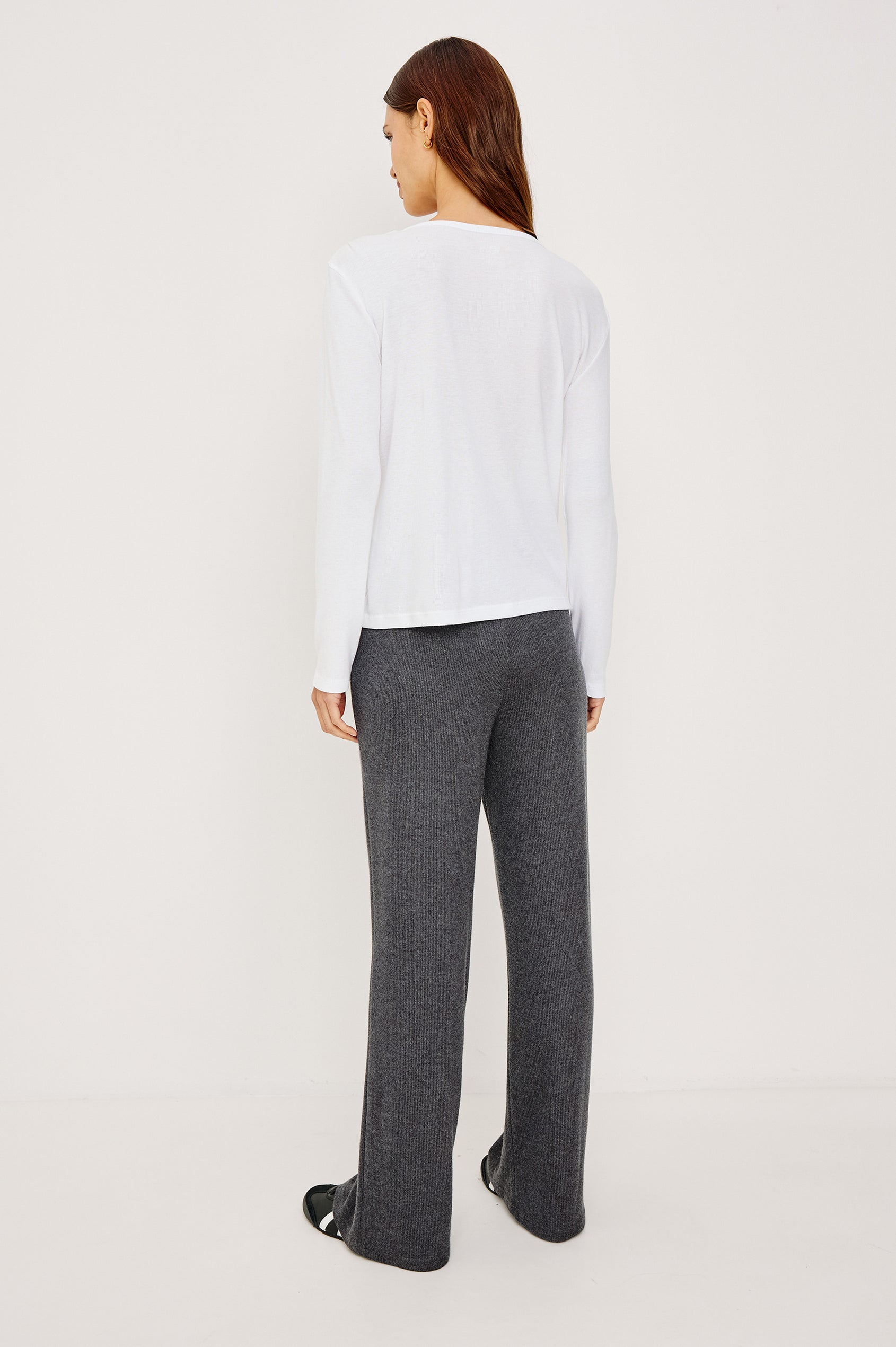 Essential Ribbed Henley With Front Placket and Long Sleeves in White Colorway - Upper Body Back View Featured on Model