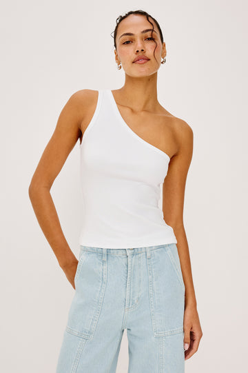 Esti Top in Ribbed Cotton Blend With One-Shoulder Neckline and Fitted Silhouette in White Rib Colorway - Upper Body Front View Featured on Model