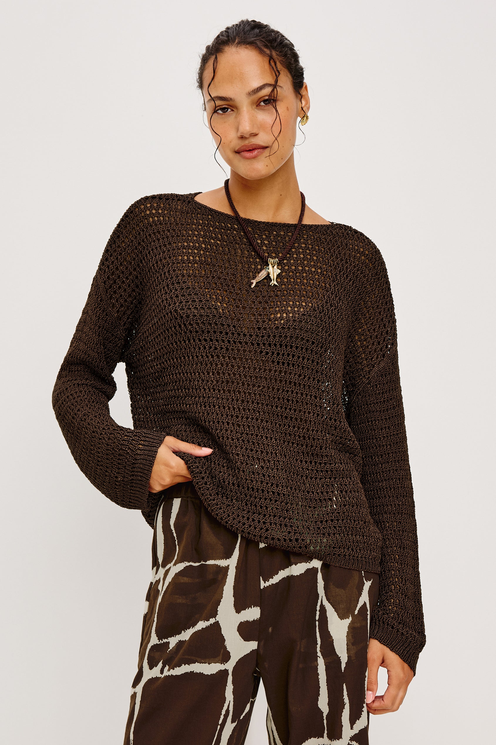 Evangeline Open Knit Oversized Sweater With Dropped Shoulders and Long Sleeves in Espresso Colorway - Upper Body Front View Featured on Model