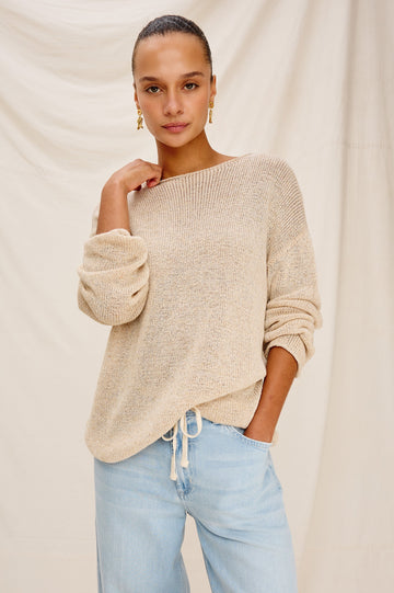 Evangeline Crew Neck Sweater with Long Sleeves in Natural Colorway. Front  Stylized View Shown on Model.