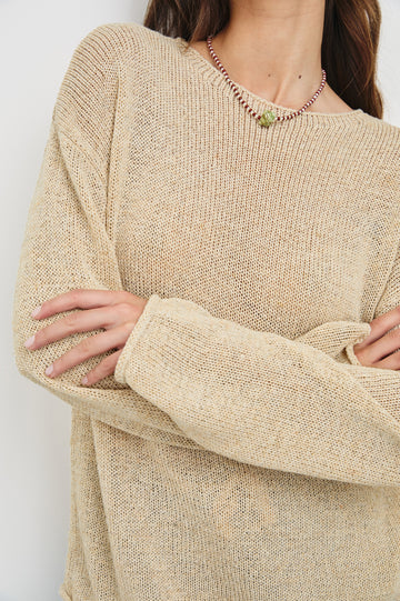 Evangeline Crew Neck Sweater with Long Sleeves in Natural Colorway. Front Detailed View Shown on Model.