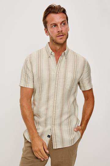 Fairfax Short Sleeve Button-Up Shirt in Lightweight Cotton With a Classic Fit in Heather Dune Sripe Colorway - Upper Body Front View Featured on Model