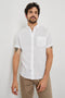 Fairfax short sleeve button up shirt with collar and chest pocket in White - front view on model