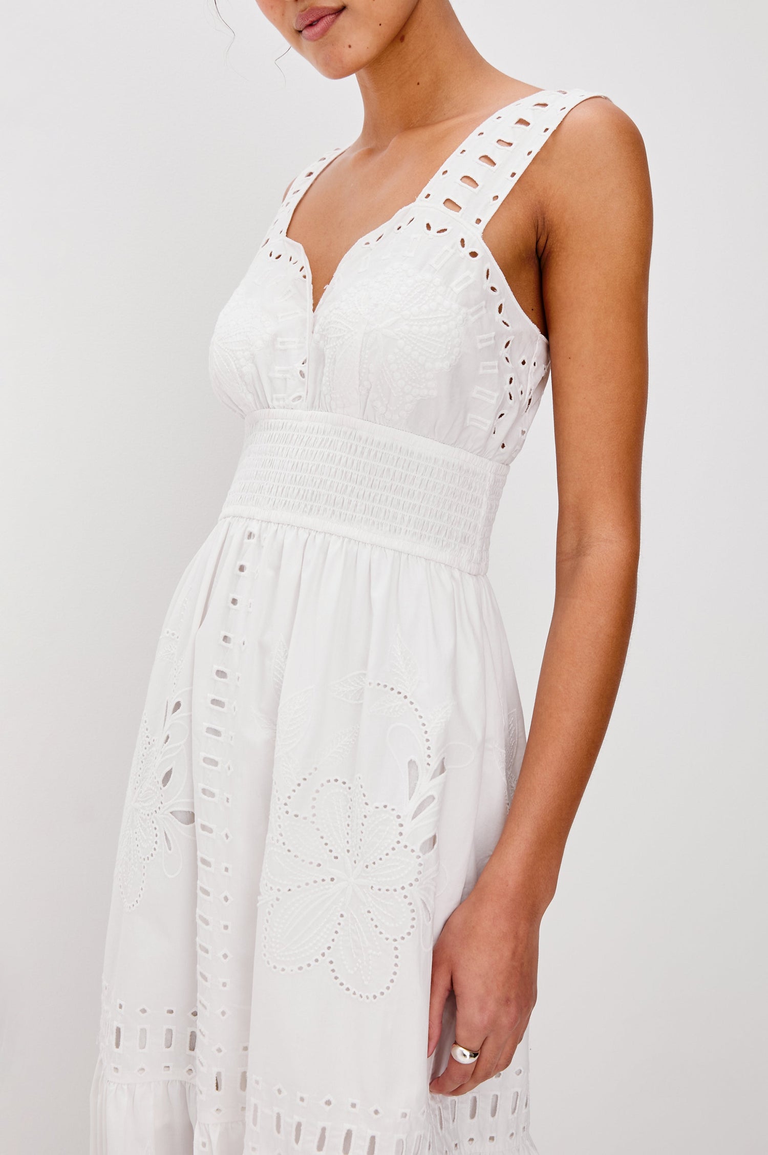 Fawn Midi Tank Dress with Wide Straps, Sweetheart Neck Line, Elastic Gathered Waist and Tiered Skirt in White Colorway. Front Detailed View Shown on Model. 