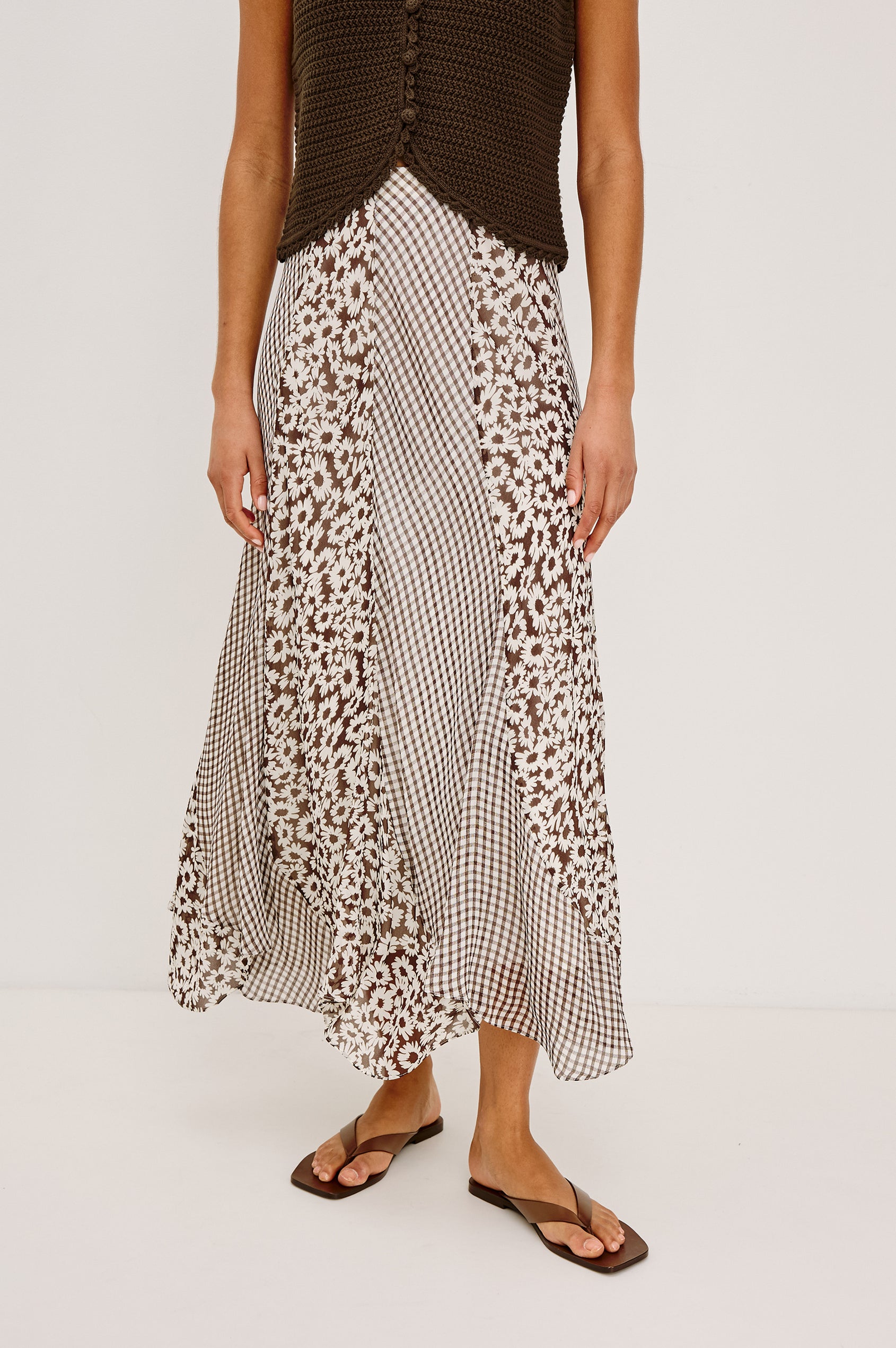 Felina High-Waisted Maxi Skirt in Chiffon With Contrast Panels and Full Lining in Espresso Daisy Gingham Mix - Lower Body Front View Featured on Model