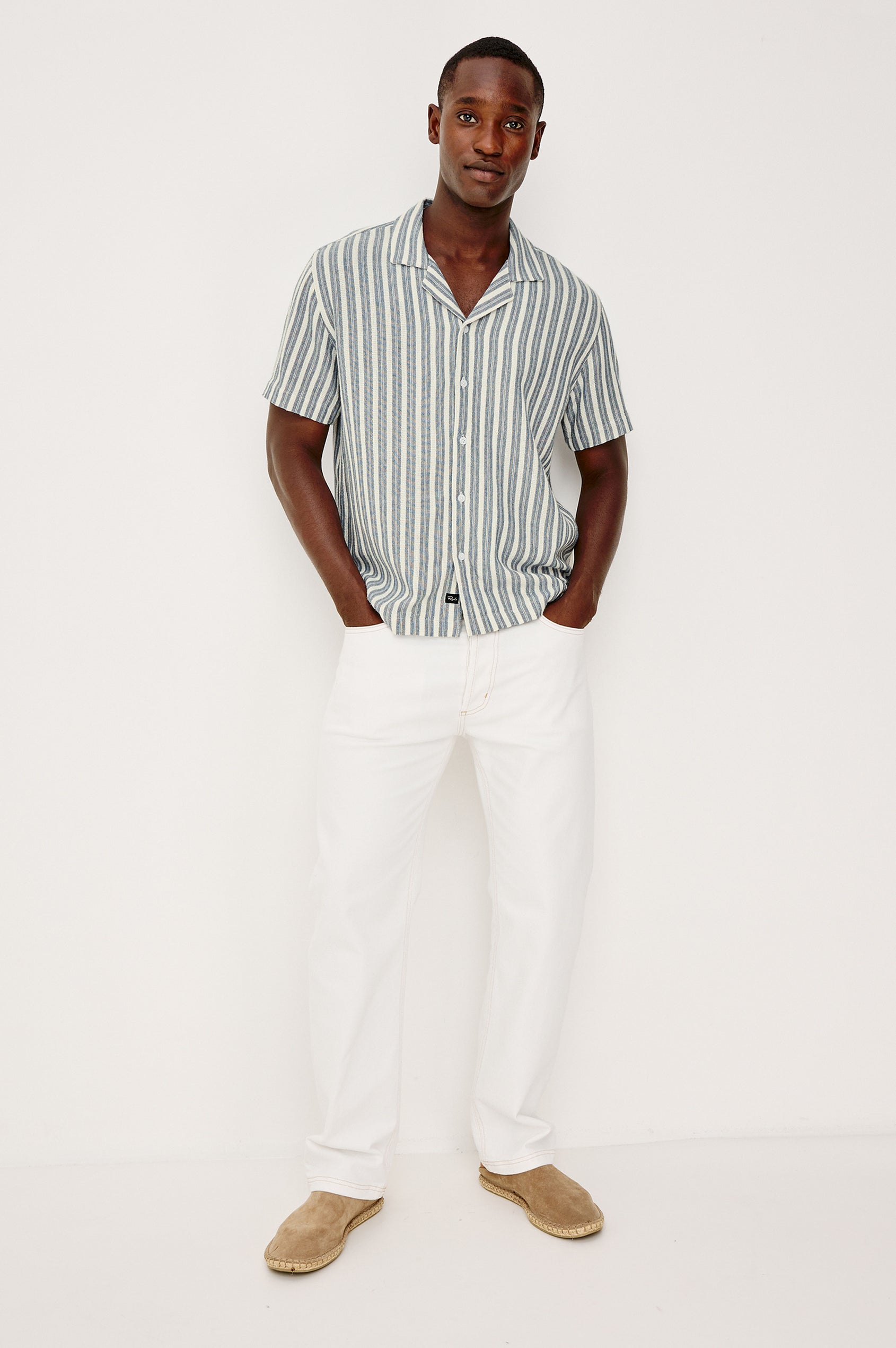 Fielder Button Front Shirt With Short Sleeves and Relaxed Boxy Fit in Marine White Stripe Colorway - Full Body Front View Featured on Model