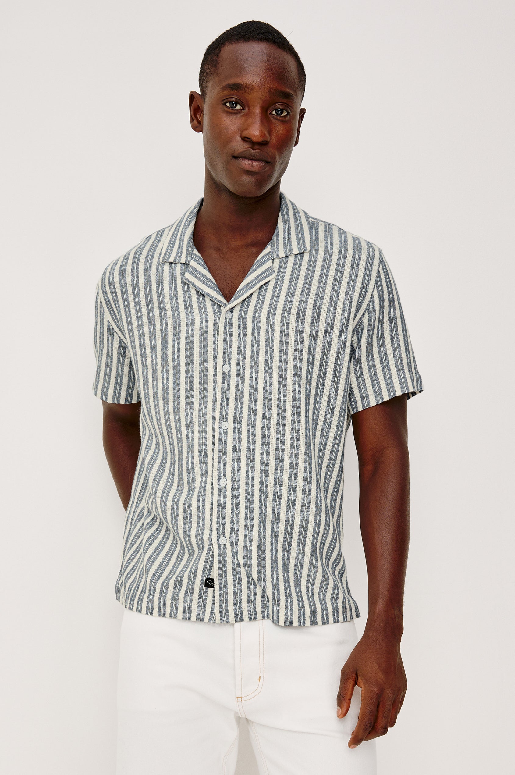 Fielder Button Front Shirt With Short Sleeves and Relaxed Boxy Fit in Marine White Stripe Colorway - Upper Body Front View Featured on Model
