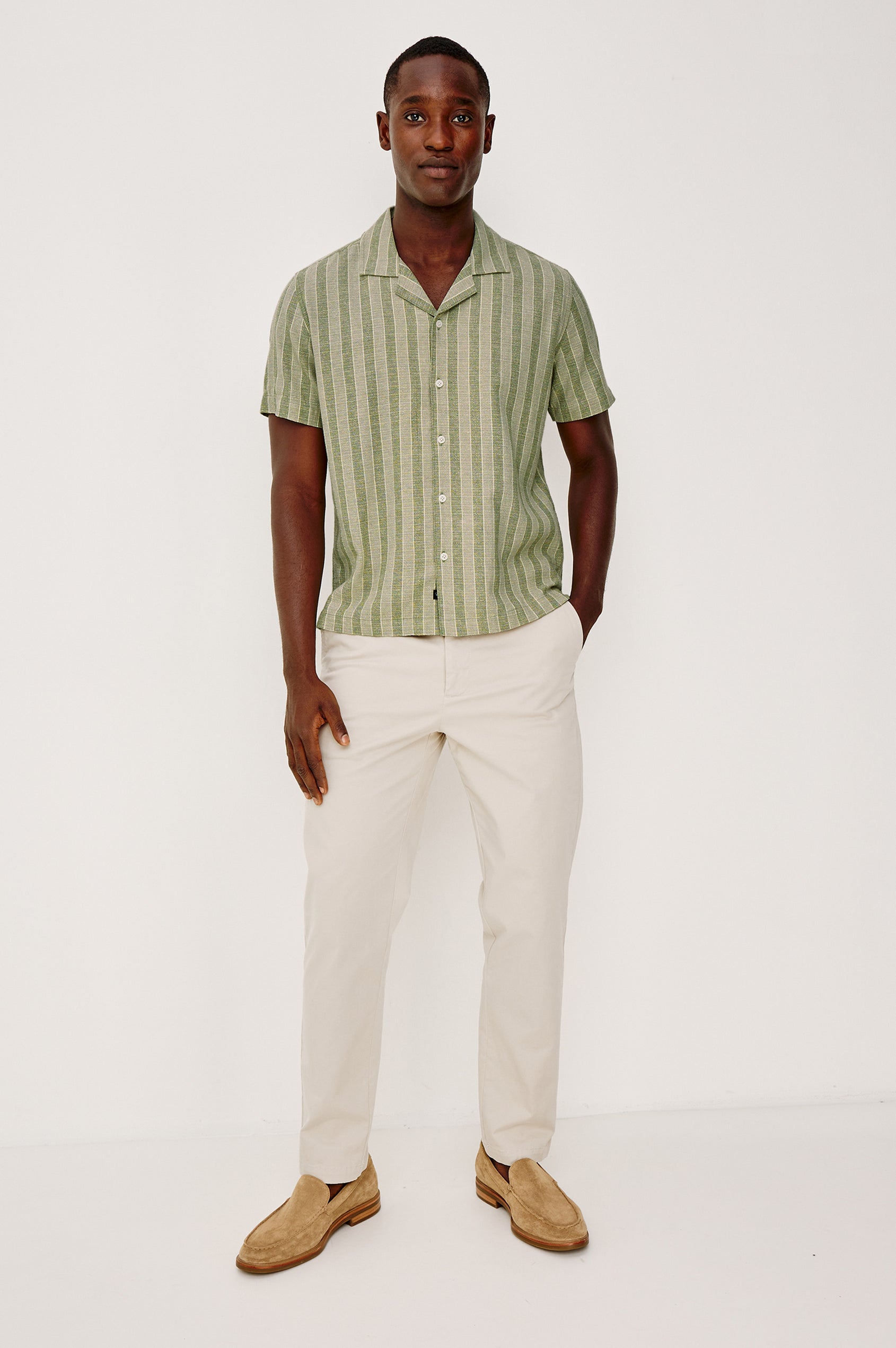 Fielder Button Front Shirt With Short Sleeves and Relaxed Boxy Fit in Sage Brush Stripe Colorway - Full Body Front View Featured on Model