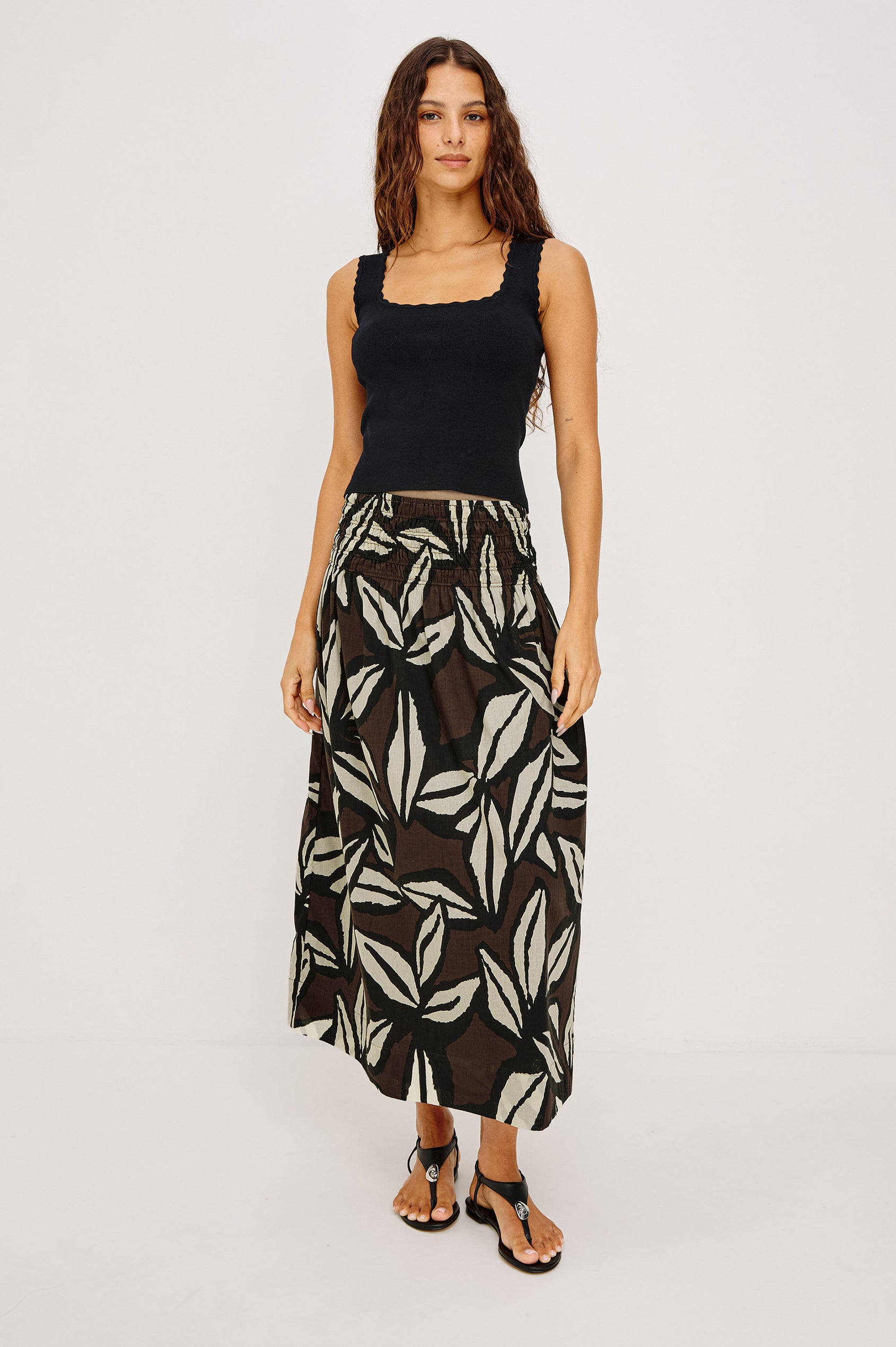 Flore Crop Tank Top in Rib With Scalloped Trim and Soft Square Neckline in Black Colorway - Full Body Front View Featured on Model