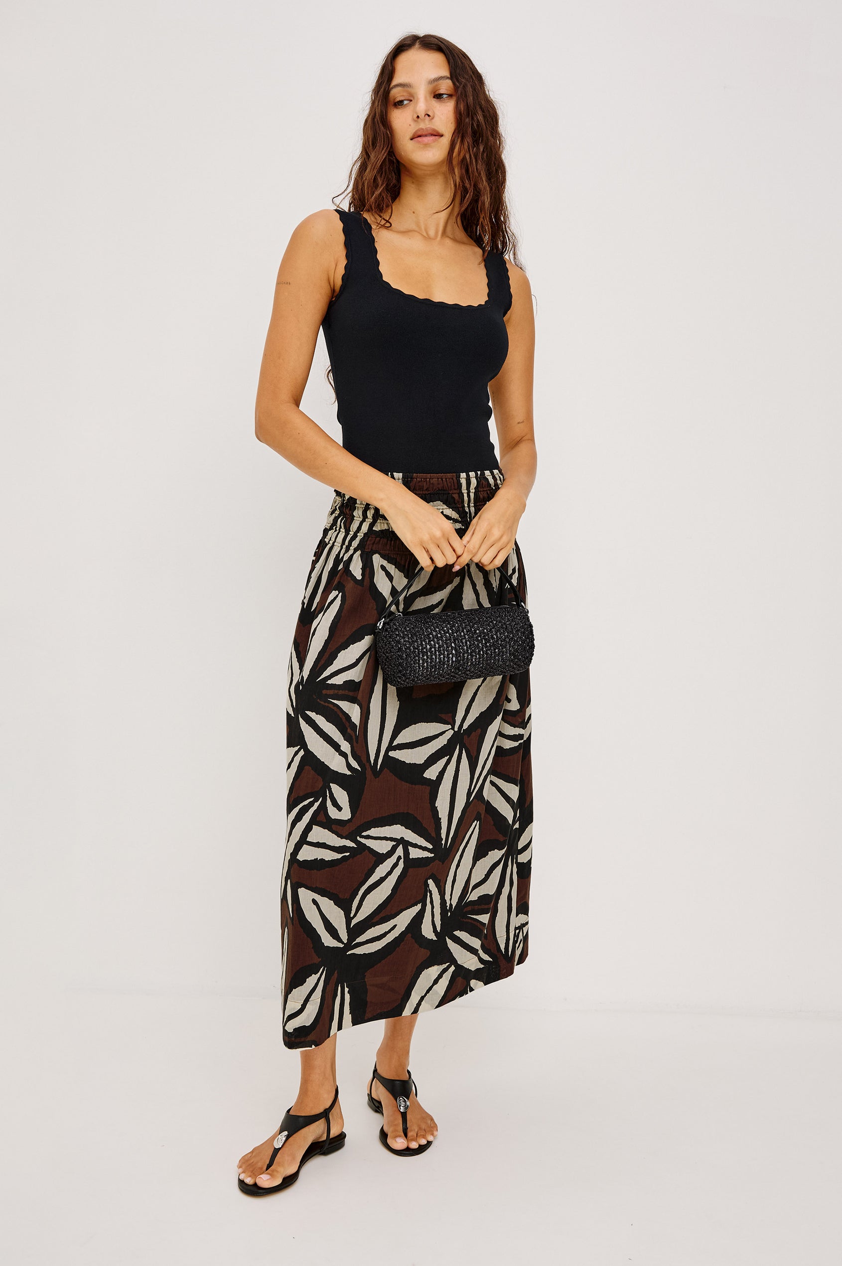 Flore Crop Tank Top in Rib With Scalloped Trim and Soft Square Neckline in Black Colorway - Full Body Front View Featured on Model