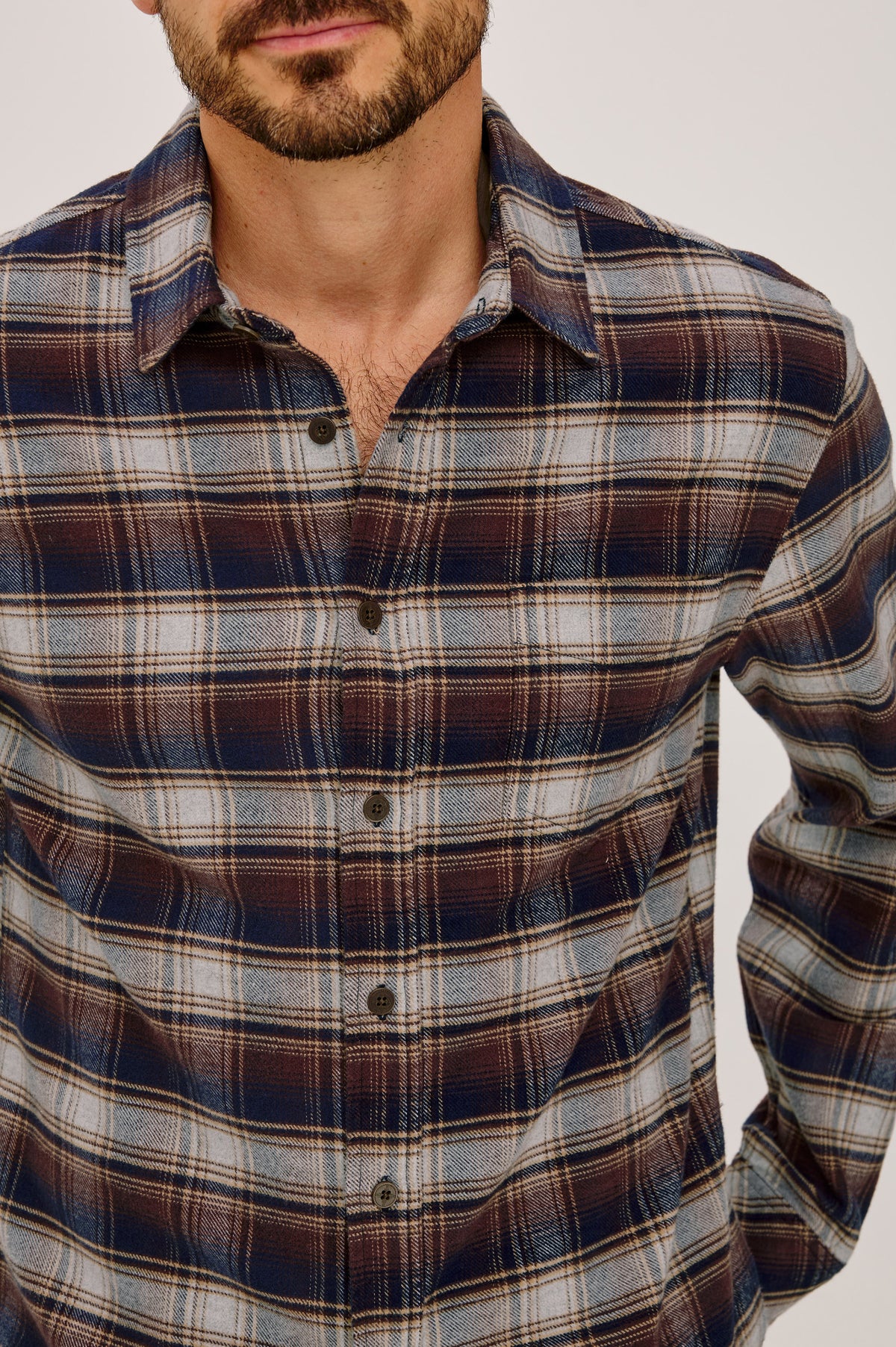 Forrest Shirt in Heavy Brushed Cotton With Collar, Front Buttons, and Single Chest Patch Pocket in Timber Creek Path Colorway - Upper Body Front Detail View Featured on Model.