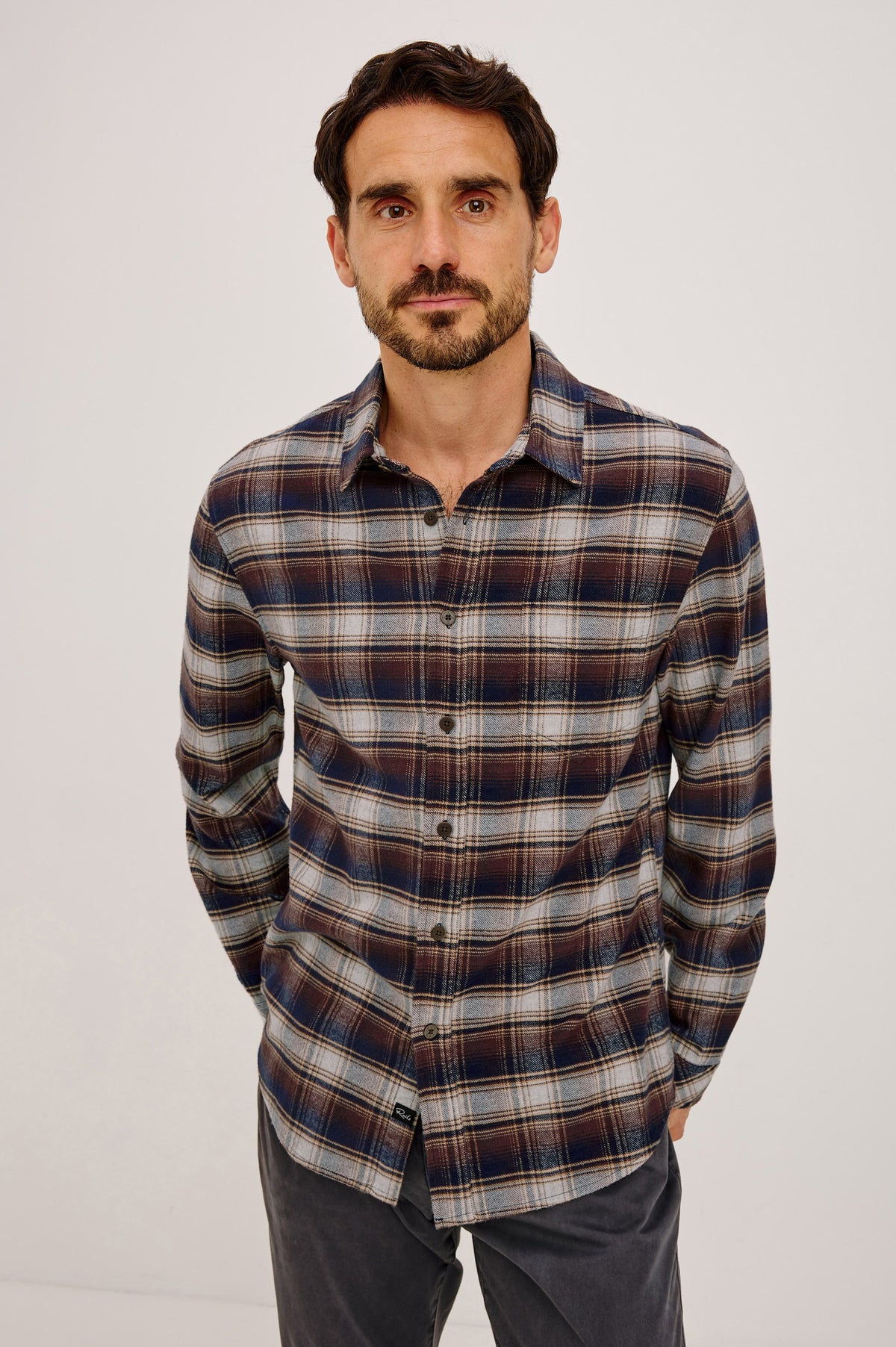 Forrest Shirt in Heavy Brushed Cotton With Collar, Front Buttons, and Single Chest Patch Pocket in Timber Creek Path Colorway - Front View Featured on Model.