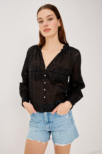 Francine Top in Cotton With Boxy FIt Front Buttons Split V-Neck Band Collar Semi-Sheer Embroidered Grid Floral Cutwork and Long Puff Sleeves With Fitted Cuffs - Upper Body Front View Featured on Model
