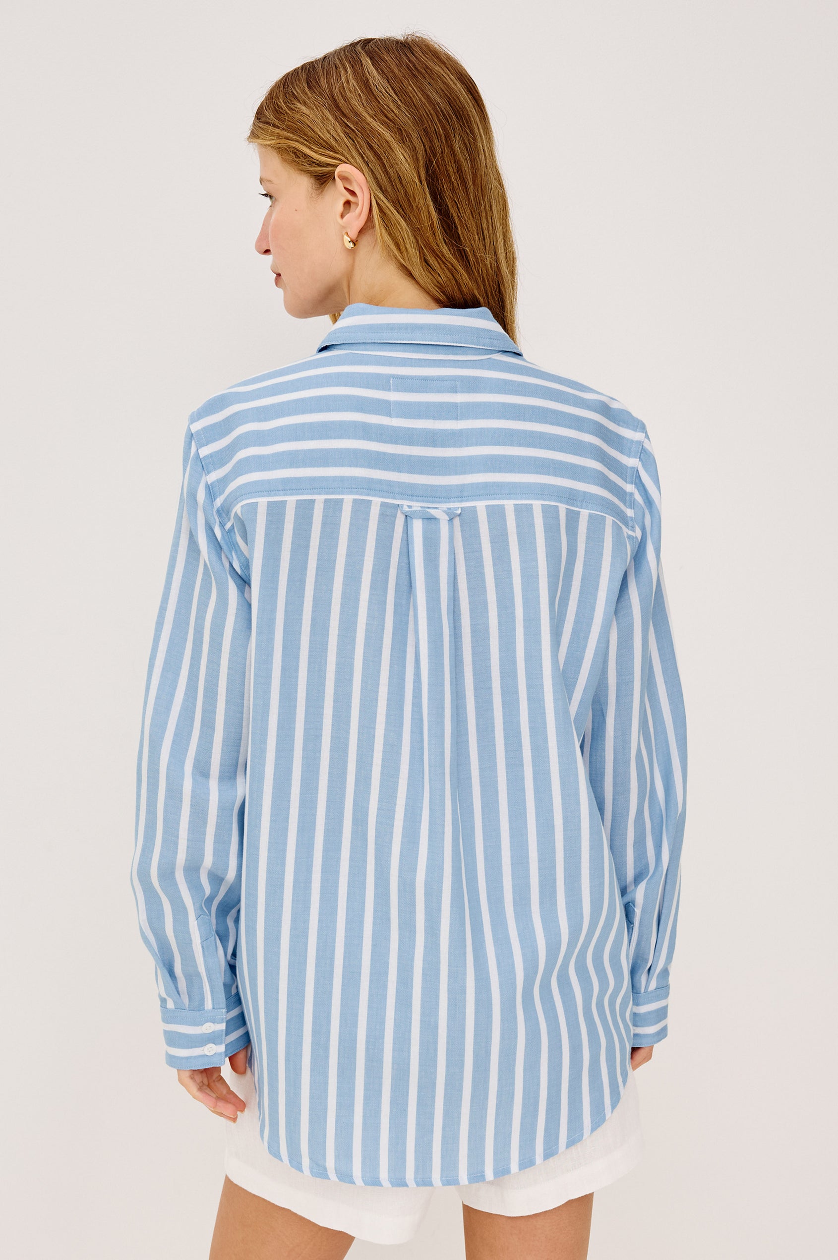 Freeman Button-Up Shirt in Double Gauze With a Collar, Relaxed Fit, Long Sleeves, and Chest Patch Pocket in Saltwater Stripe Colorway - Upper Body Back View Featured on Model