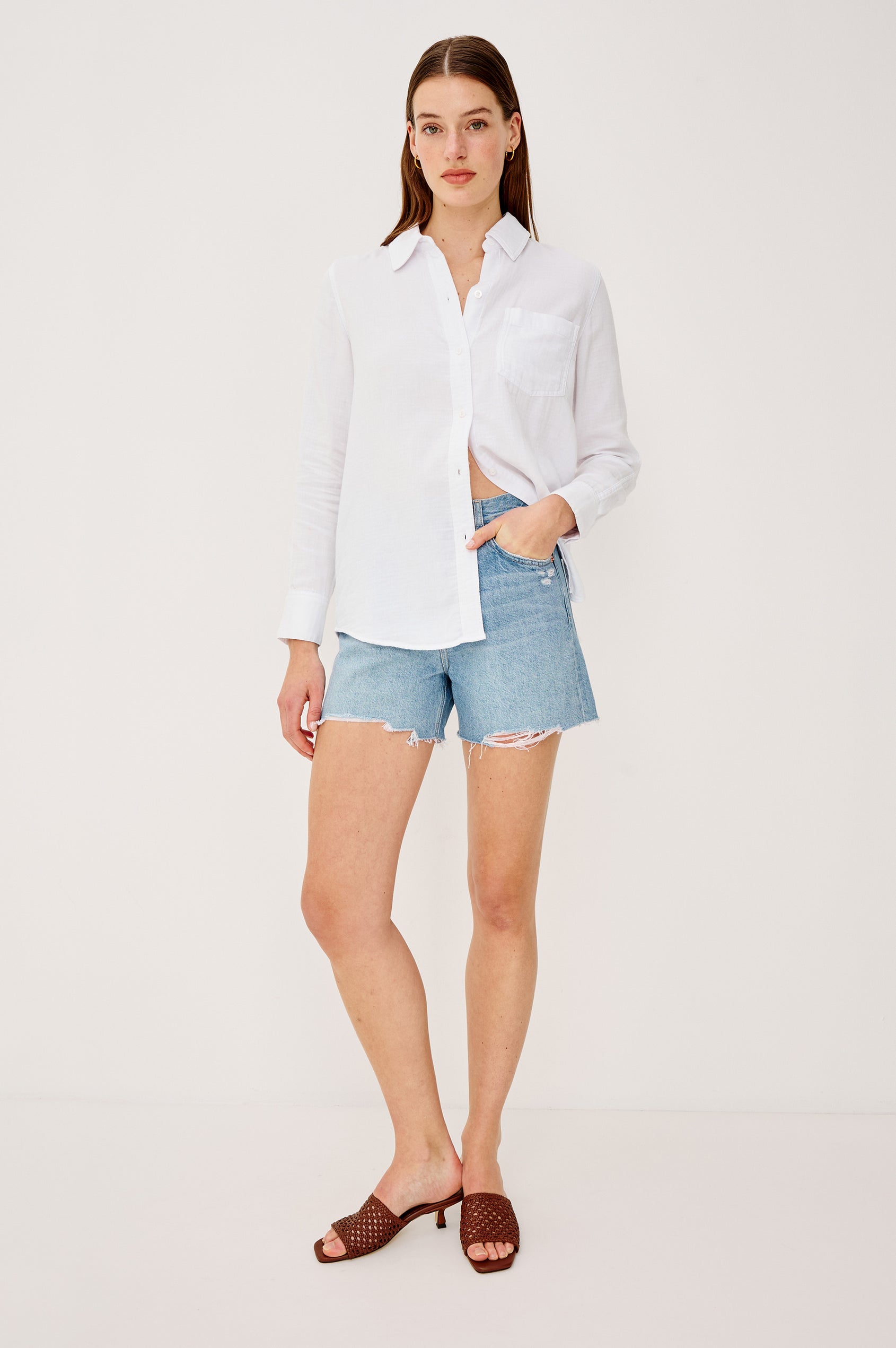 Freeman Button-Up Collared Shirt With Subtle Herringbone Texture Relaxed FIt Chest Patch Pockets and Long Sleeves in White Colorway - Full Body Front View Featured on Model