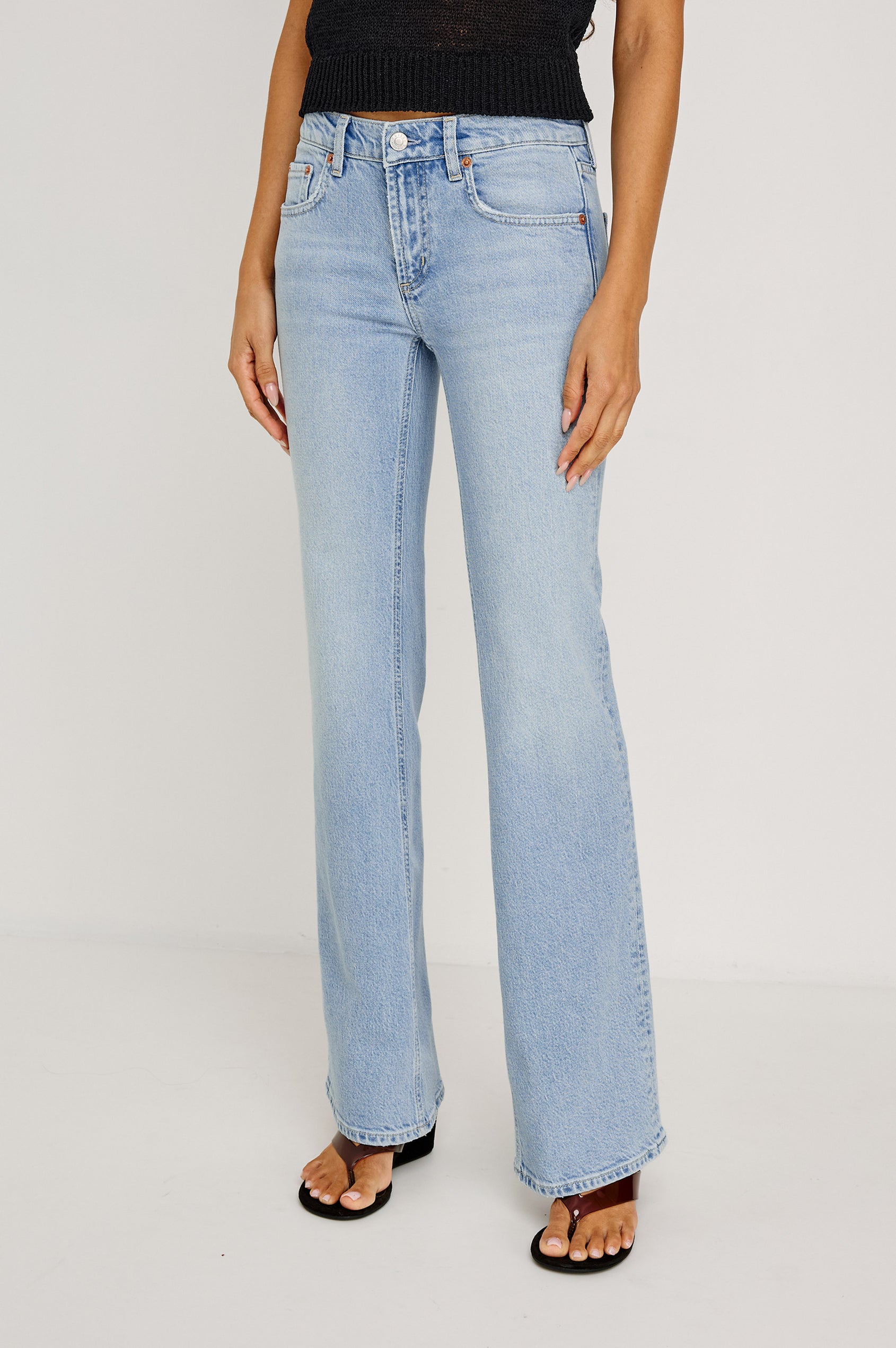 Fremont Bootcut Jean in Comfort Stretch Denim With 5-Pockets and Front Zip Fly in Jasper Colorway - Lower Body Front View Featured on Model