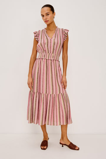 Garden Peasant Midi Dress in Linen With Ruffle Flutter Sleeves, Center Front Ties, V-Neckline, Shirred Waist, and Relaxed Fit in Cordoba Stripe Colorway - Full Body Front View Featured on Model