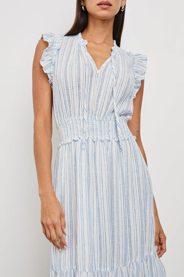 Garden Midi Dress with Flutter Cap Sleeves, Drawstrings at V-Neck and Shirred Waistband in Sonoma Stripe Colorway, Thin Vertical Blue Stripes on White - Front View Featured on Model