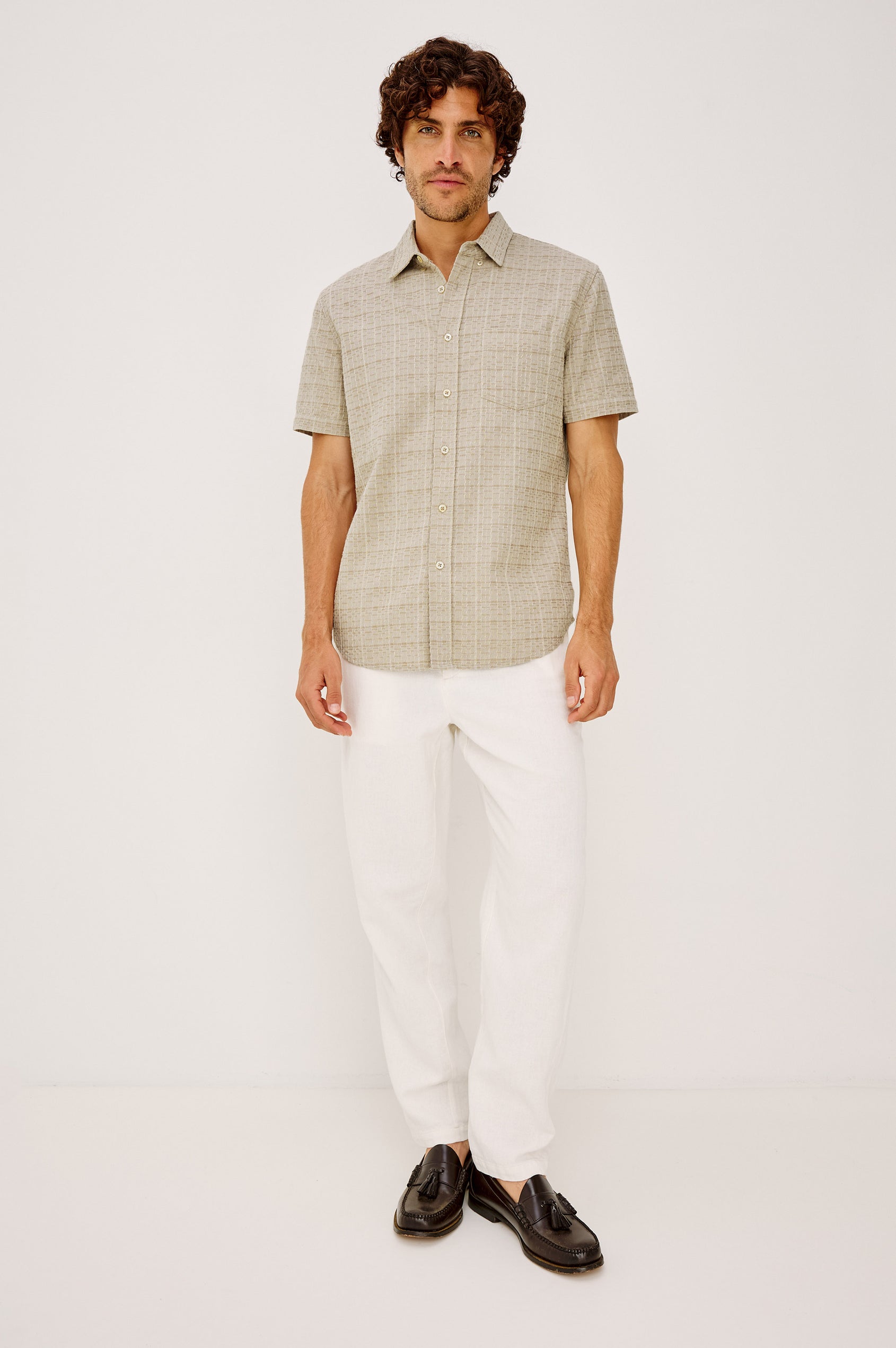 Gavin Button-Up Shirt in Linen Blend With Collar, Short Sleeves, Chest Patch Pocket, and Classic Fit in Taupe Cream Twist Colorway - Full Body Front View Featured on Model