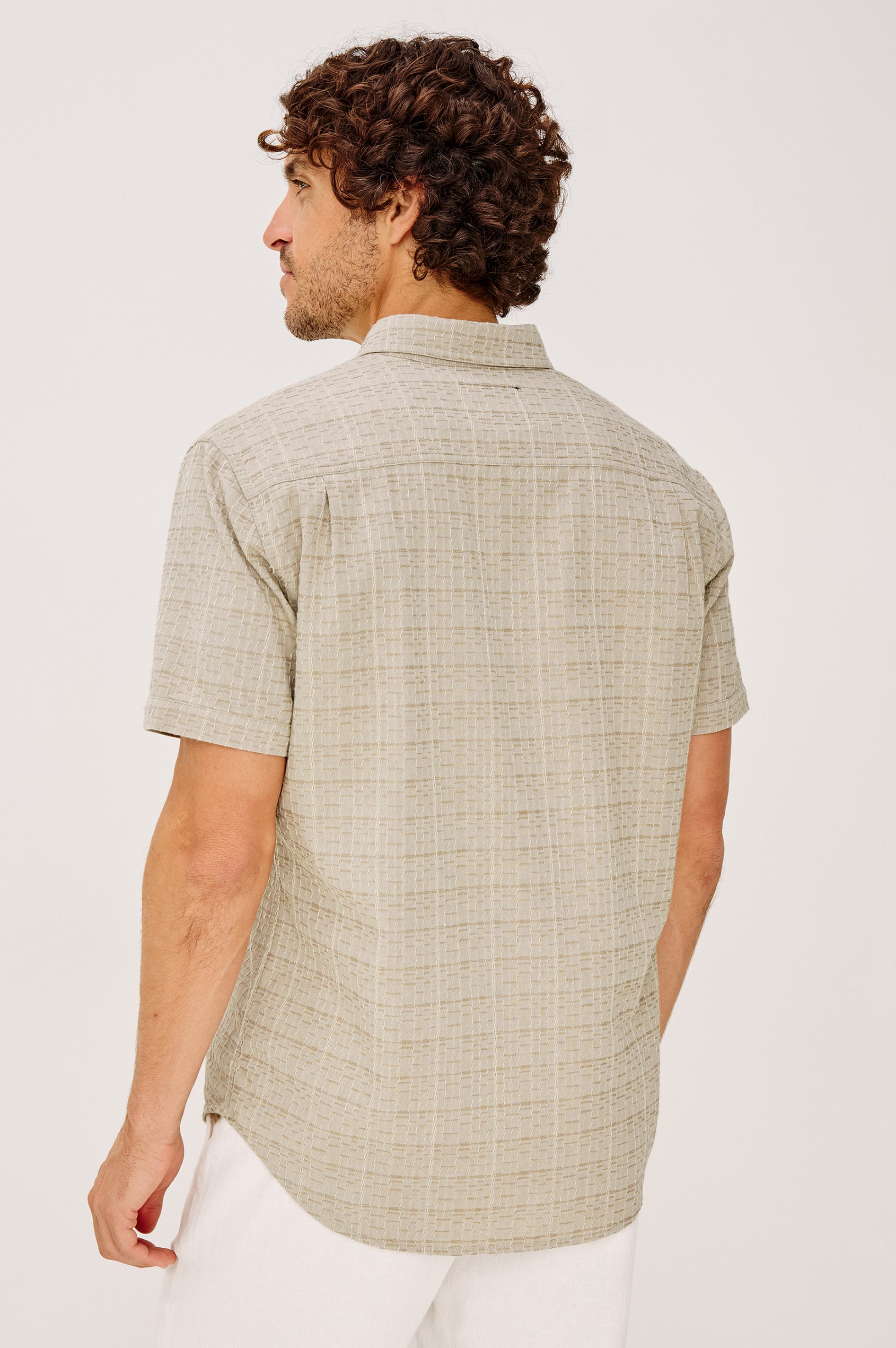 Gavin Button-Up Shirt in Linen Blend With Collar, Short Sleeves, Chest Patch Pocket, and Classic Fit in Taupe Cream Twist Colorway - Full Body Back View Featured on Model