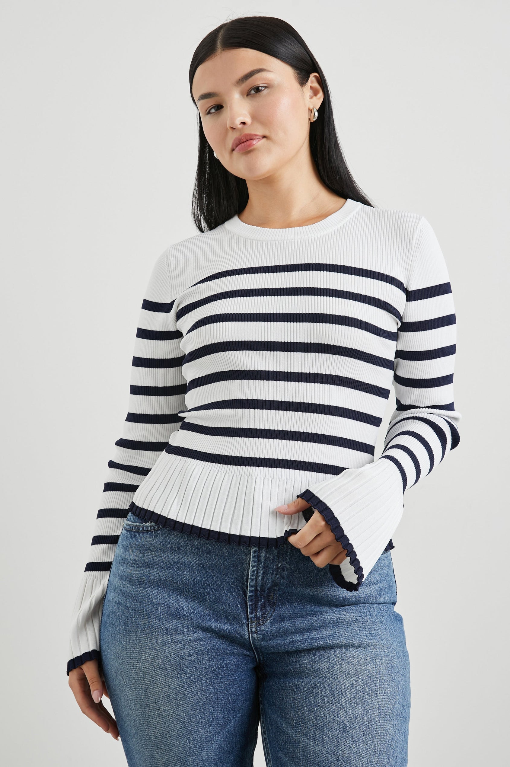 Gemma Ribbed Long-Sleeve Sweater with a Crew Neck in Ivory Navy Stripe Colorway, Horizontal Stripes - Front View Featured on Model 