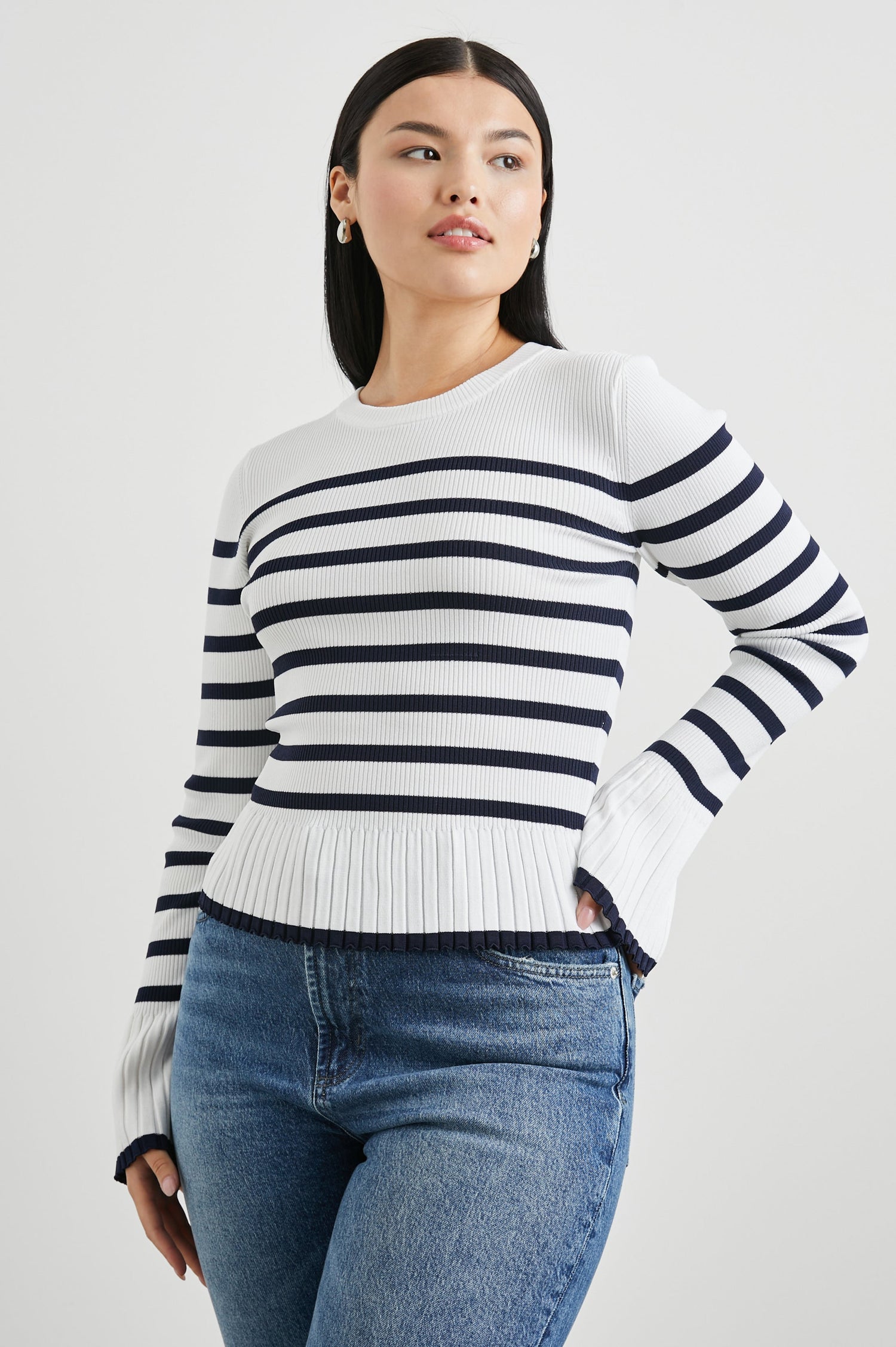 Gemma Ribbed Long-Sleeve Sweater with a Crew Neck in Ivory Navy Stripe Colorway, Horizontal Stripes - Front View Featured on Model 