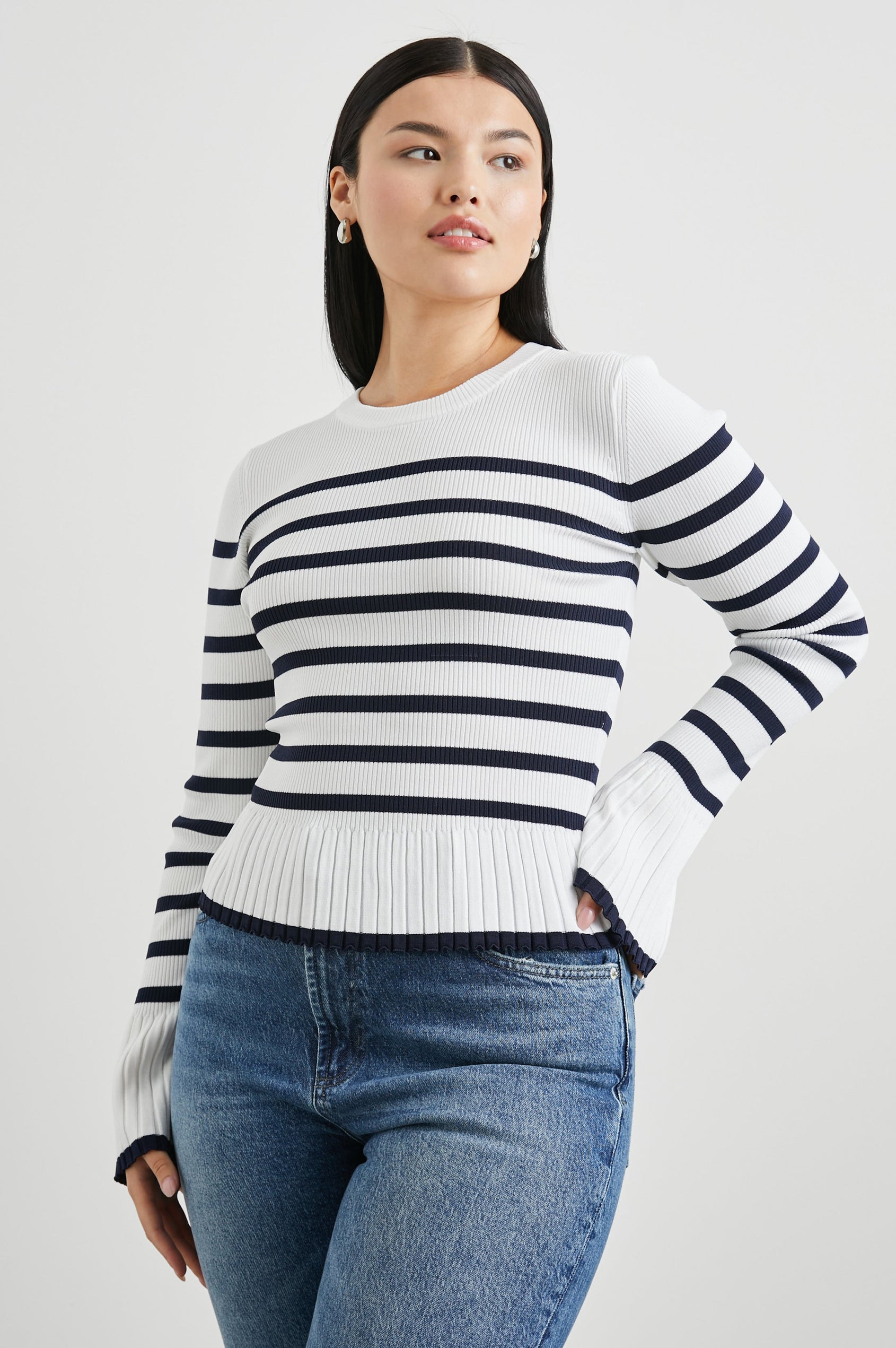 Gemma Ribbed Long-Sleeve Sweater with a Crew Neck in Ivory Navy Stripe Colorway, Horizontal Stripes - Front View Featured on Model 