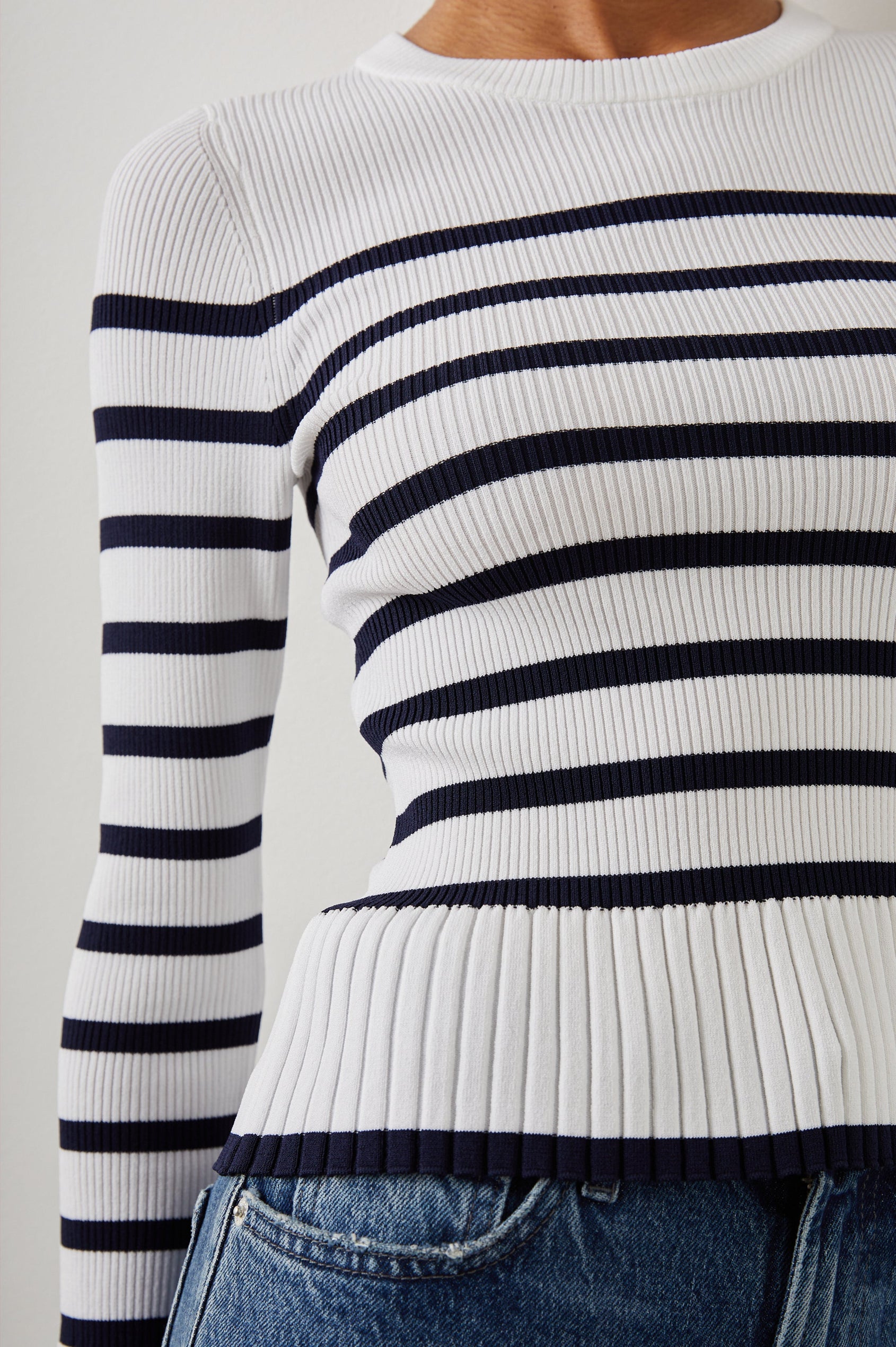 Gemma Ribbed Long-Sleeve Sweater with a Crew Neck in Ivory Navy Stripe Colorway, Horizontal Stripes - Front View Featured on Model 