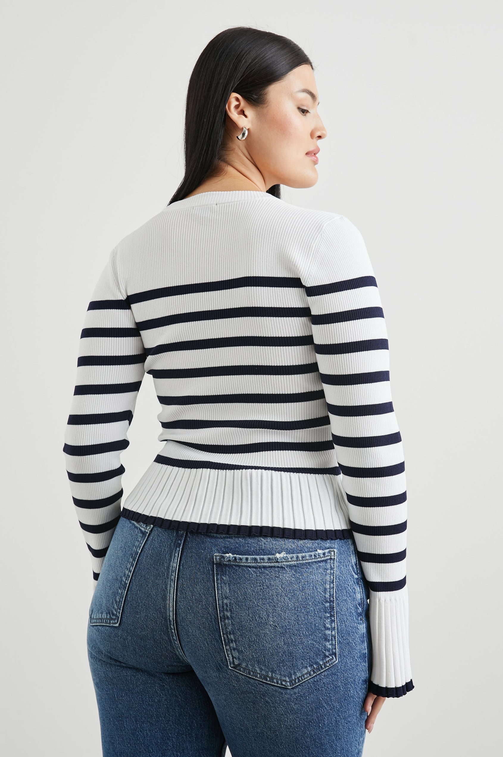 Gemma Ribbed Long-Sleeve Sweater with a Crew Neck in Ivory Navy Stripe Colorway, Horizontal Stripes - Back View Featured on Model 