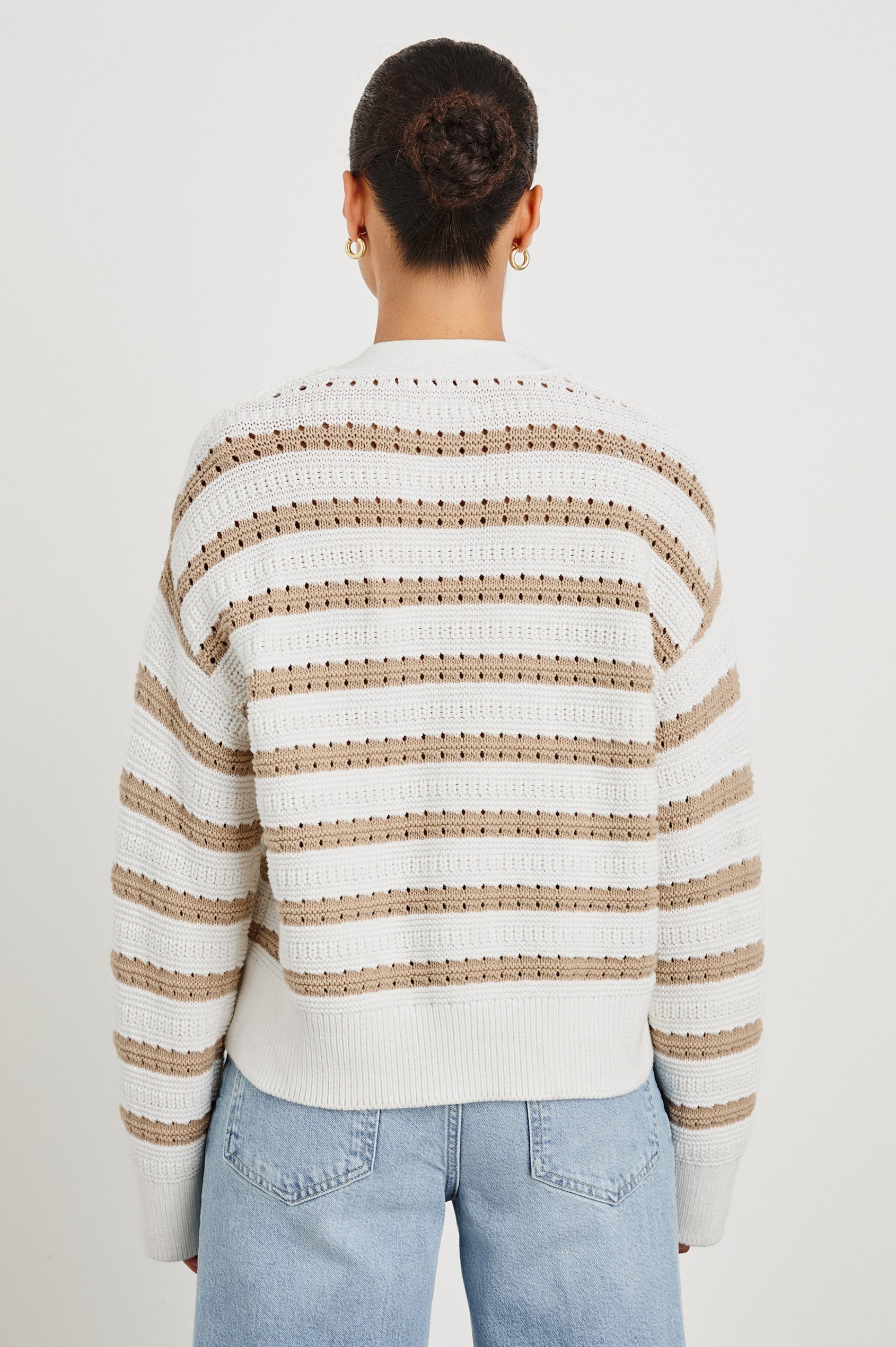 Geneva cropped cardigan sweater with front buttons and contrast trimmings in Ivory Oat Stripe -  back view on model